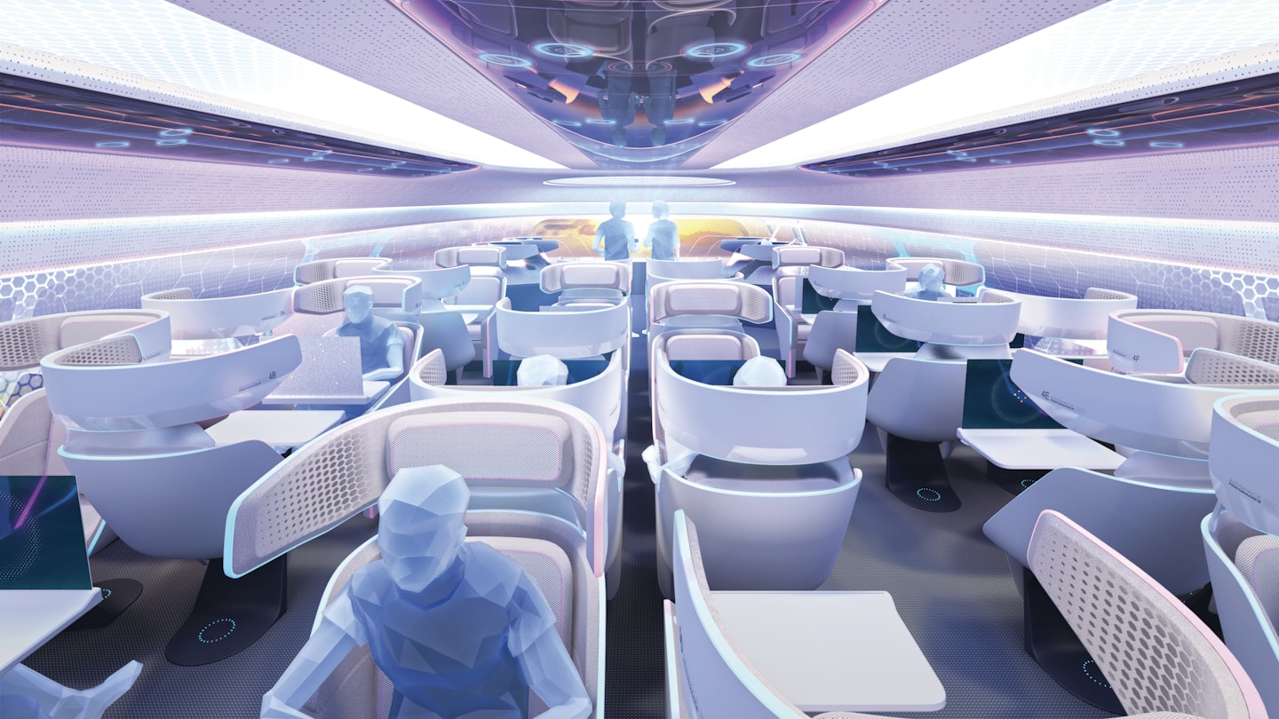 Airbus's Airspace Cabin Vision 2030 includes cubicle-like seating with headrests that extend for privacy