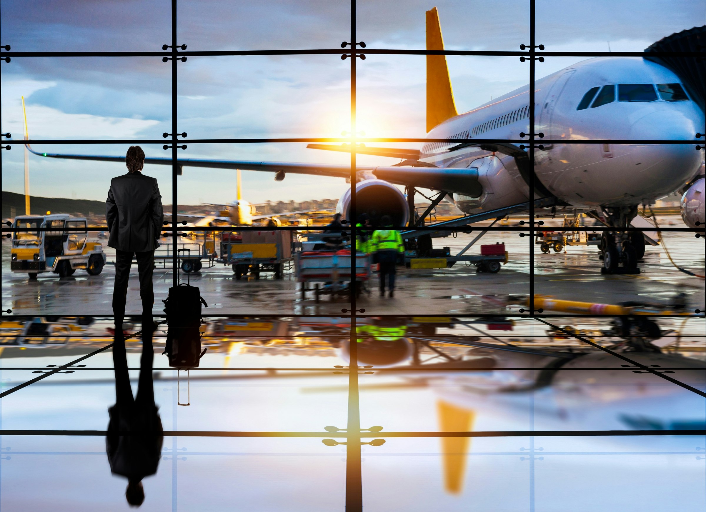 A man stands in an airport overlooking the loading of a plane