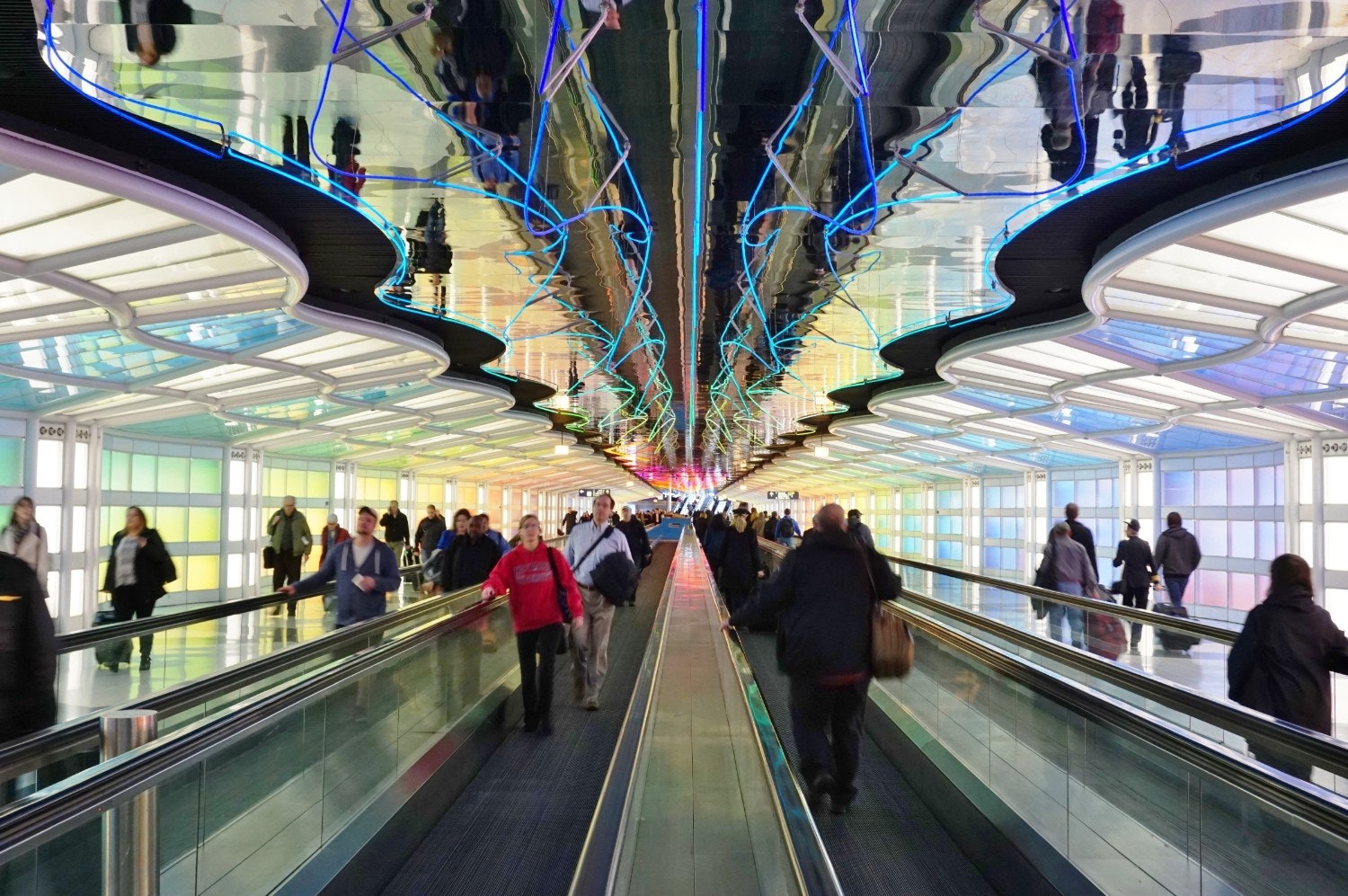 The coloured electric neon tunnel 'the Sky is the Limit' at Chicago O'Hare International Airport/