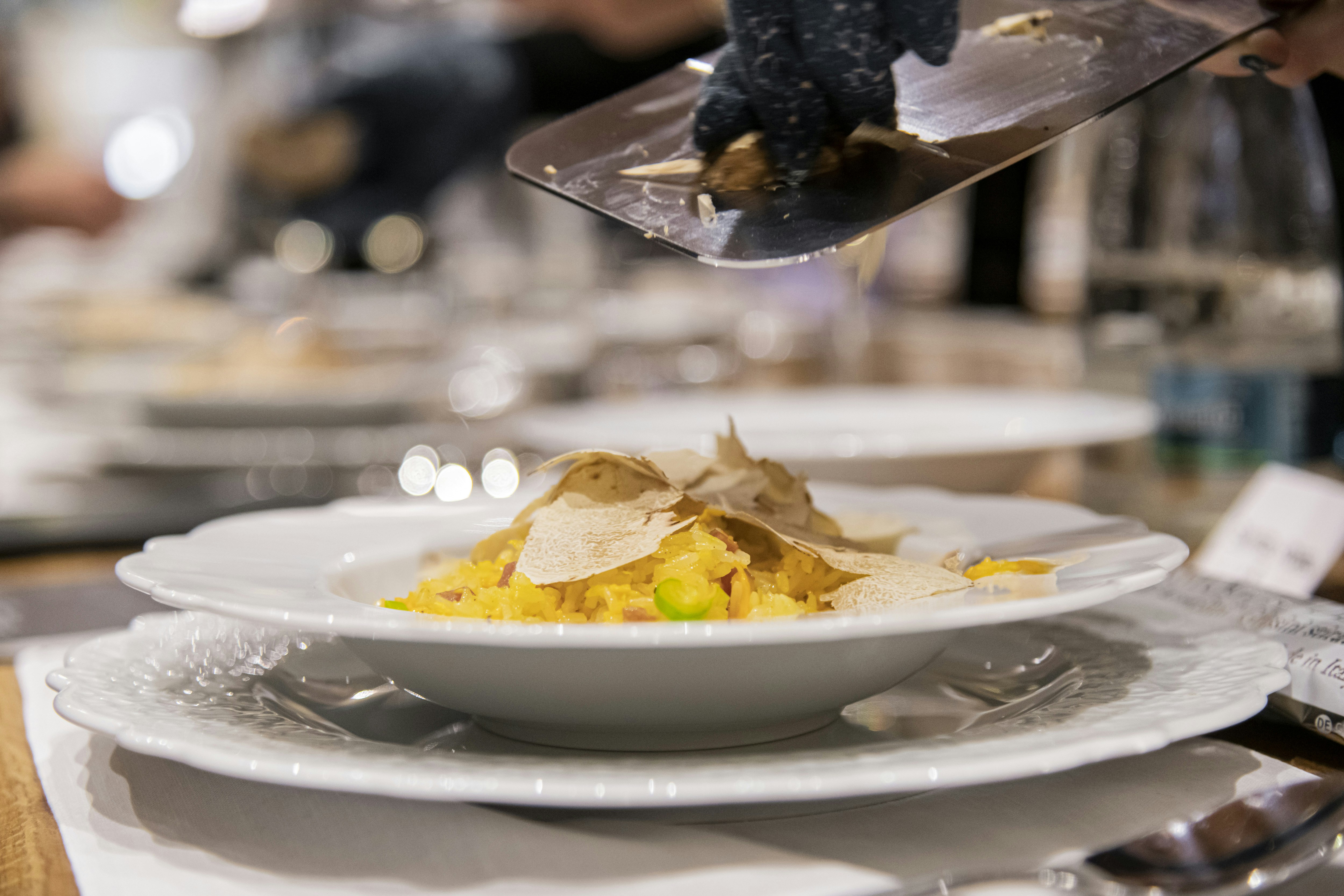 Seasonal white truffle being grated on top of a risotto, regional food in Italy