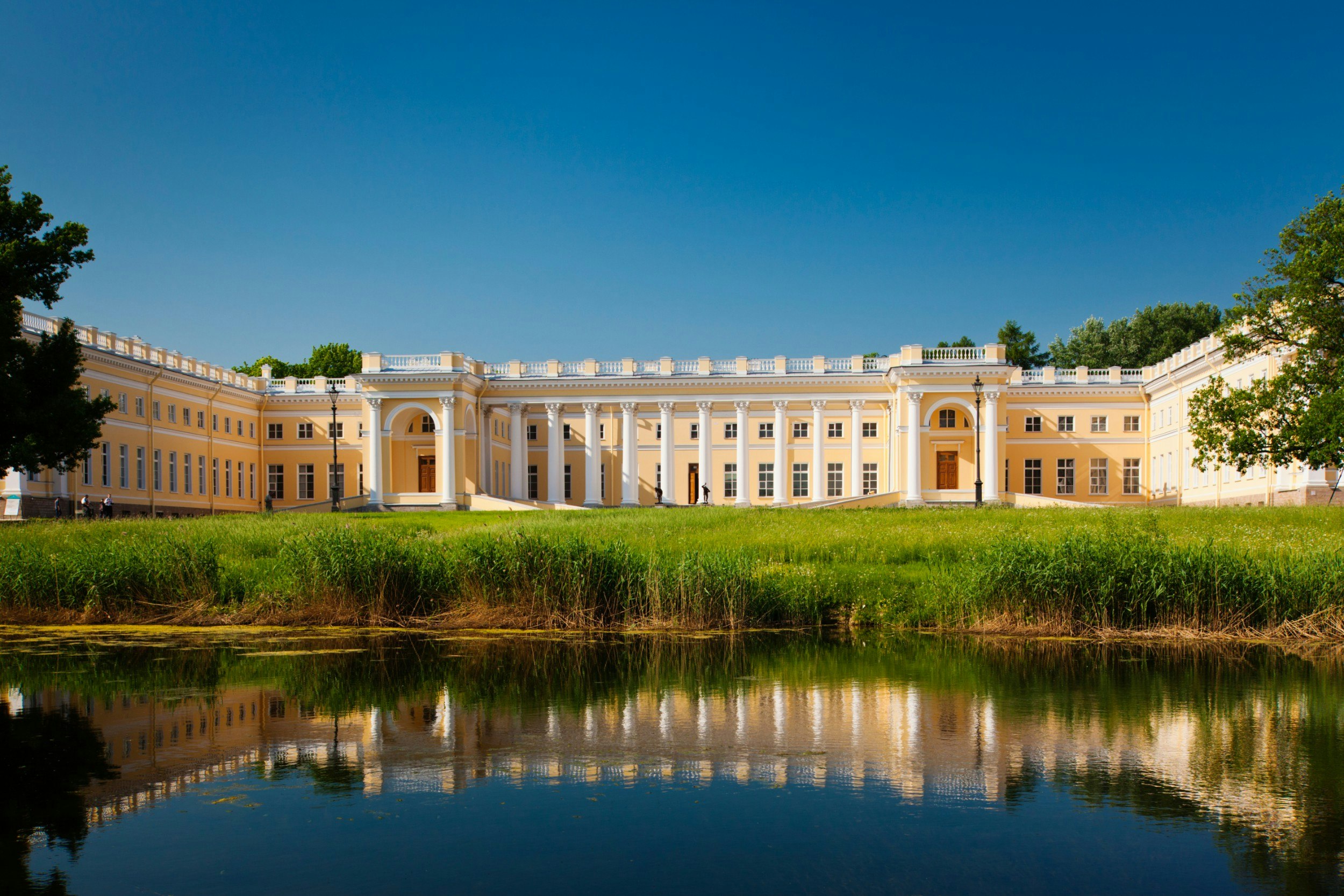 Alexander Palace in Russia with its reflection in a lake