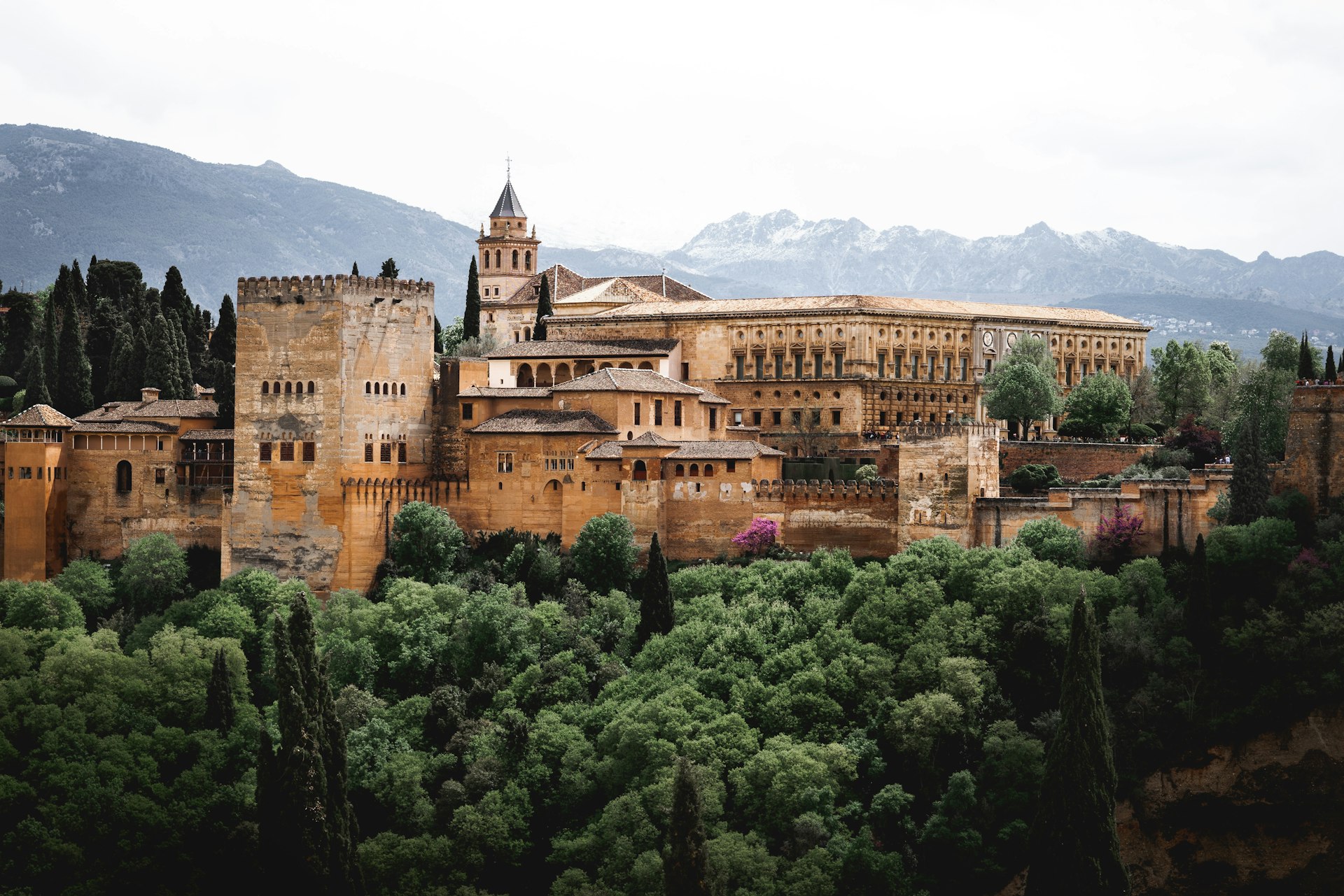 A view of the vast Alhambra palace and fortress complex. The foothills are surrounded by a forest of deep green trees and behind in the distance is a range of snow-dusted mountains.