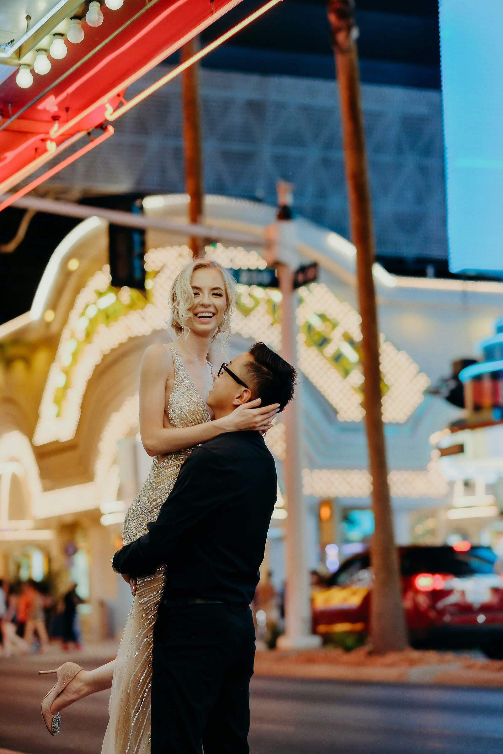 A bride and groom on the Las Vegas strip