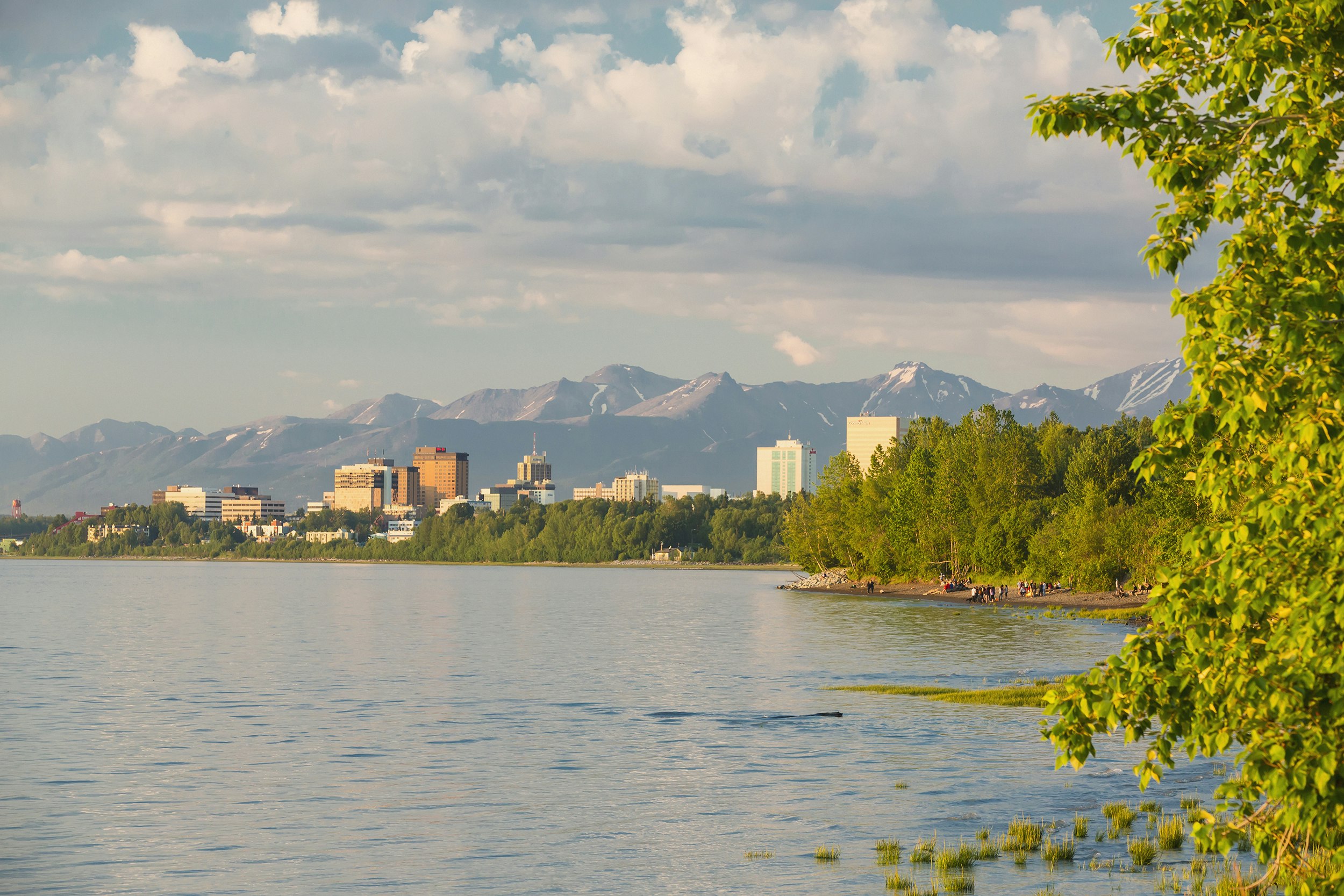 Anchorage city skyline seen from the Tony Knowles Coastal Trail during high tide with mountains in the background