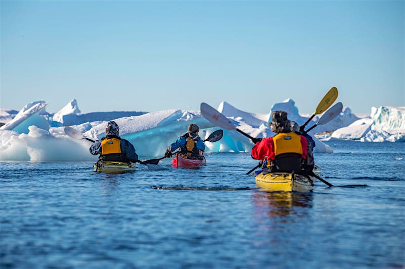 Kayakers in the water in the Antartic