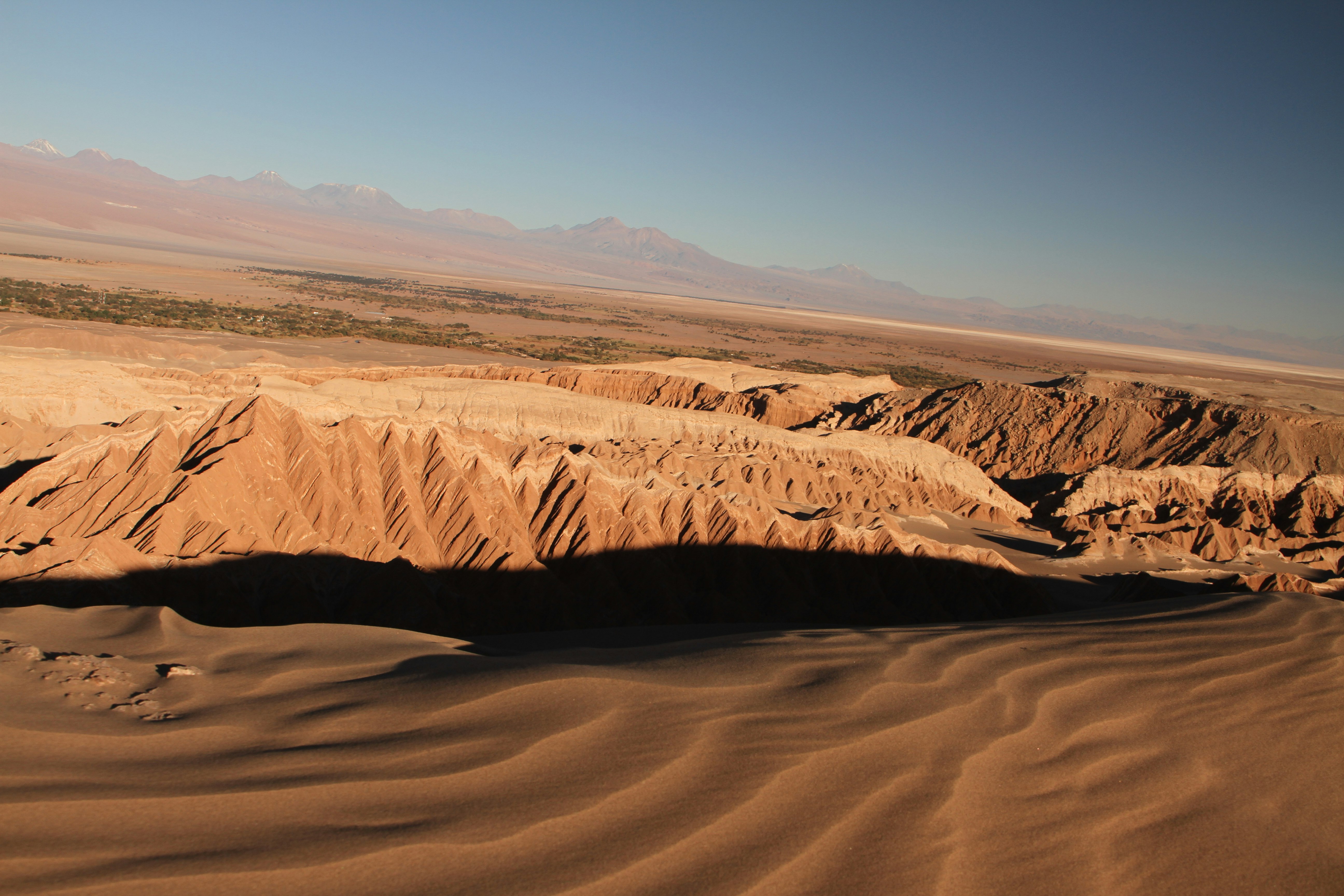 Wide view of a collection of peaked dunes stretching across an arid landscape