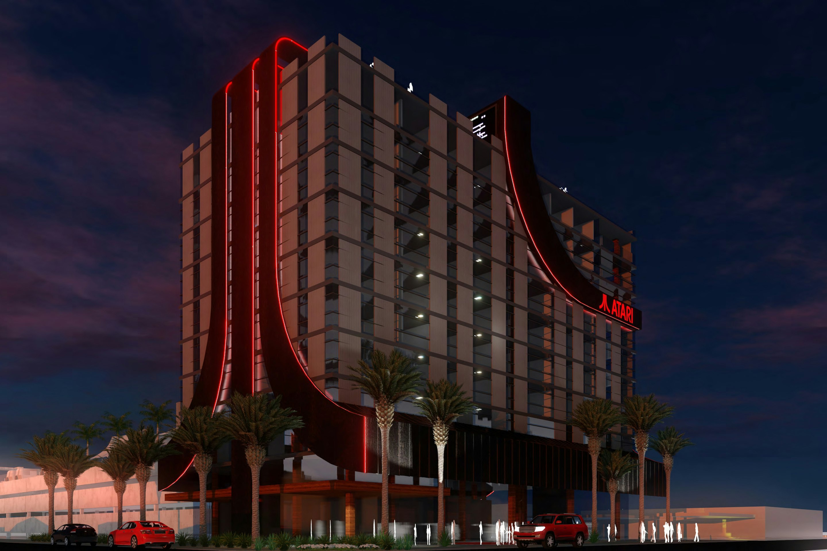 Rendering of the new Atari hotel at night