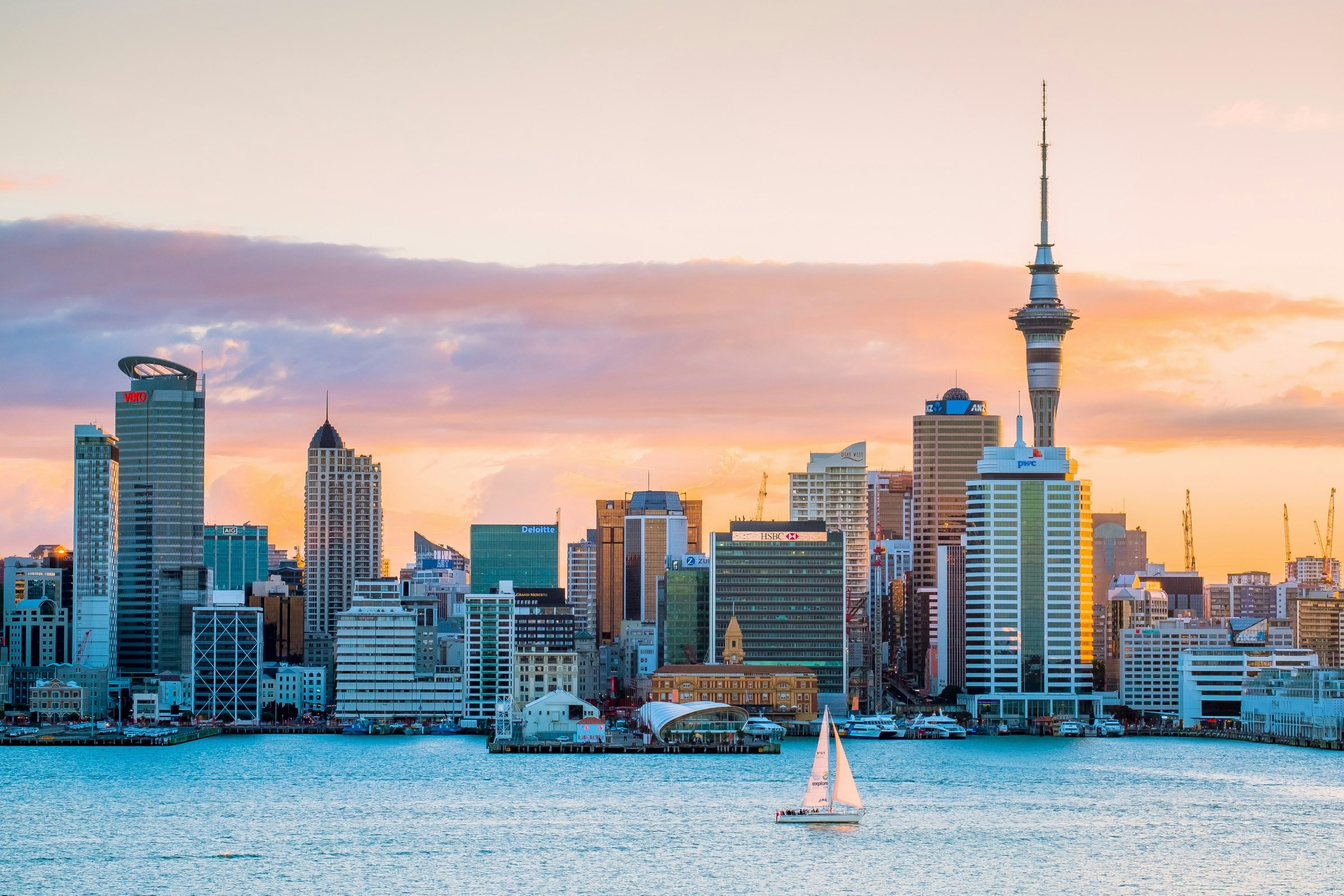 Auckland's skyline at dawn, view from Cyril Bassett VC Lookout