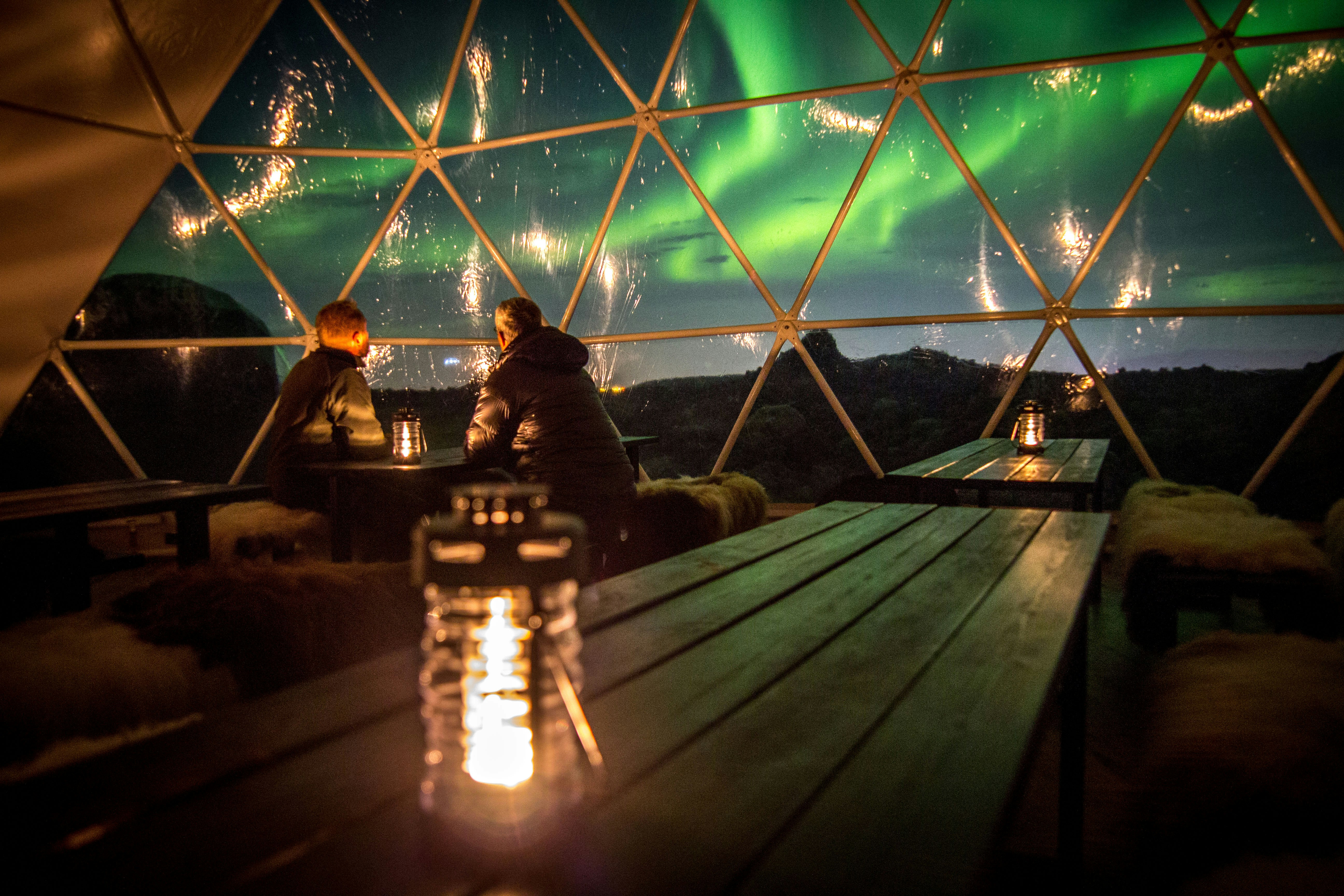 The Northern Lights display as viewed from a cabin