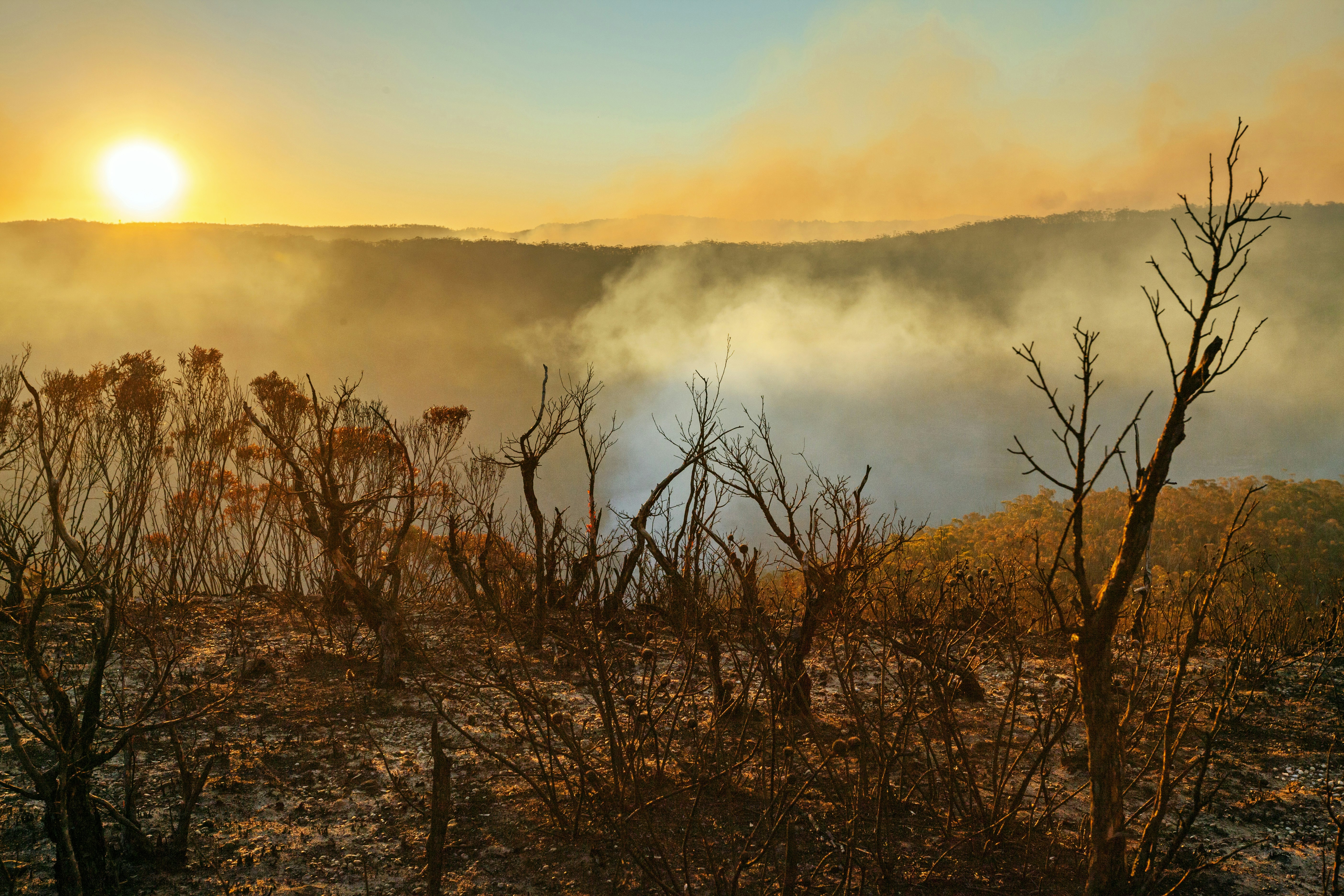 Sun setting in burnt smouldering mountain landscape with smoke filled valley after forest fire