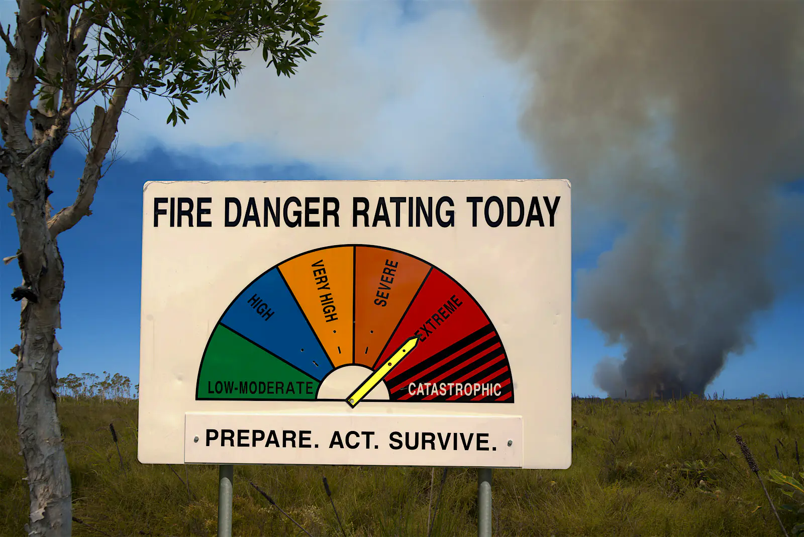 Australia's bushfires - danger ratings A large roadside sign showing the spectrum of danger ratings for bushfires