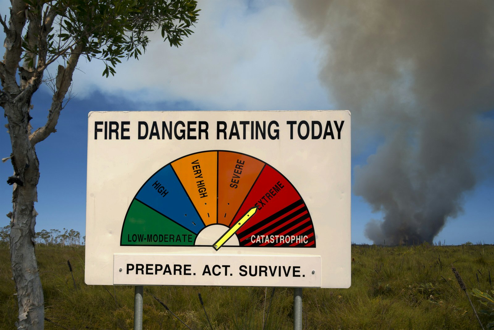 A large roadside sign showing the spectrum of danger ratings for bushfires