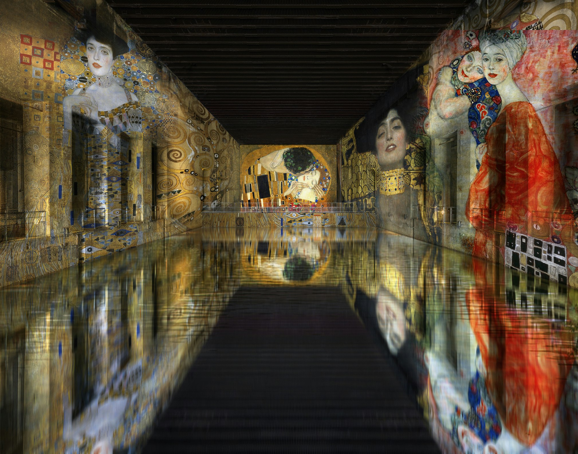 Colourful digital artwork in a dark underground museum