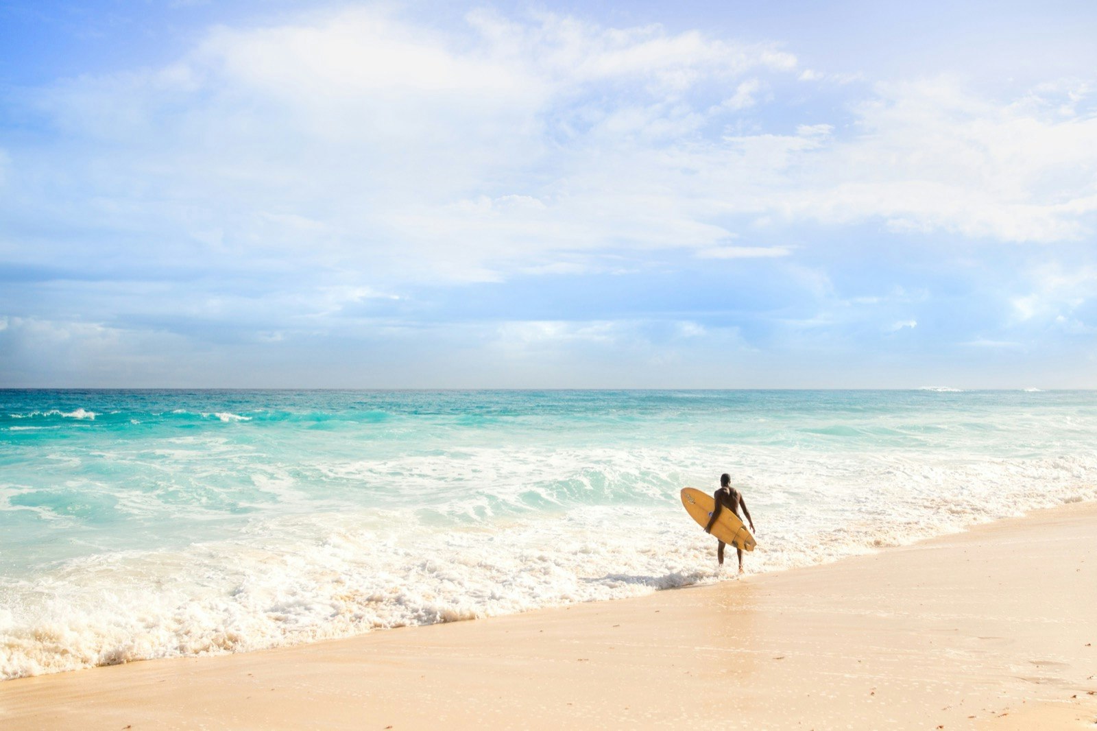 A man stands with is back to the camera at the edge of the ocean with a surf board
