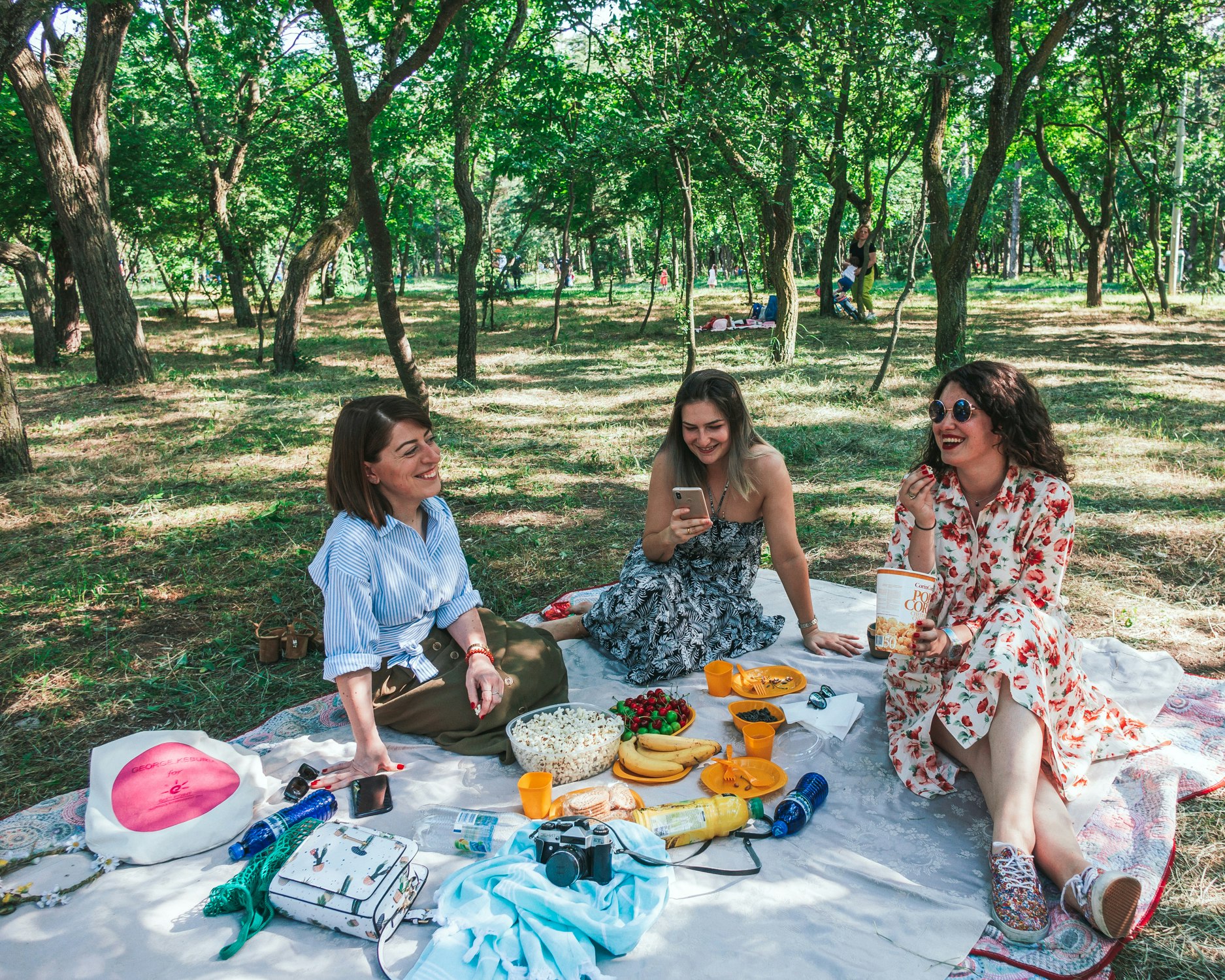 Three young women are sitting on a blanket, enjoying a picnic in a park beside Lisi Lake; they are surrounded by trees, and are smiling and laughing.
