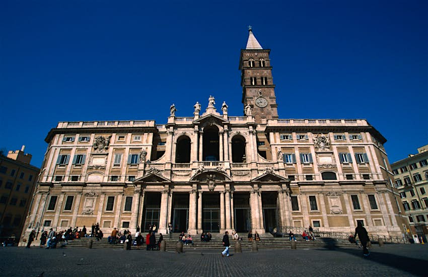 Facade of Basilica di Santa Maria Maggiore on a clear day, where Midnight Mass was instituted upon completion.