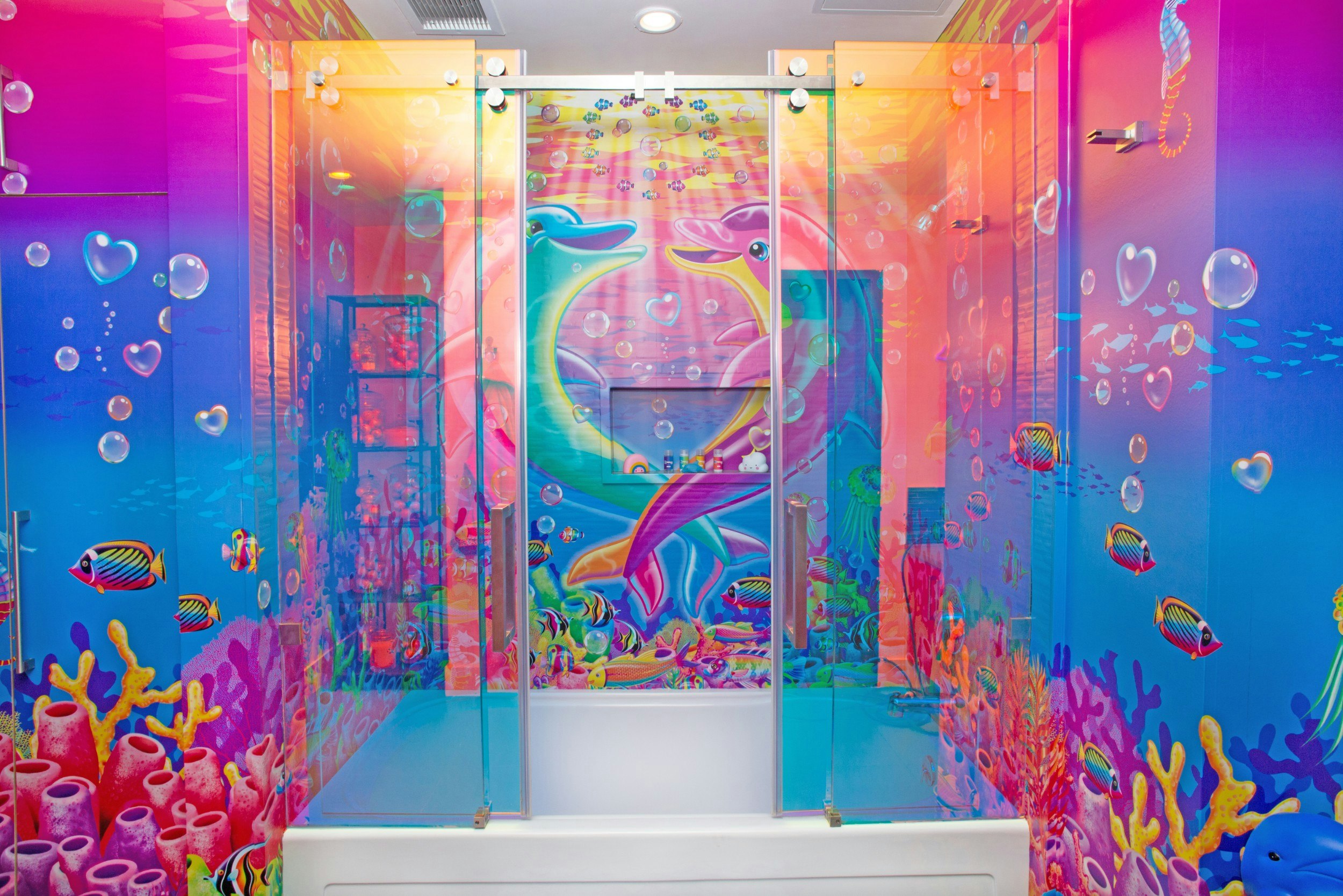 The bathroom  with underwater scene mural at the Lisa Frank Flat in Los Angeles
