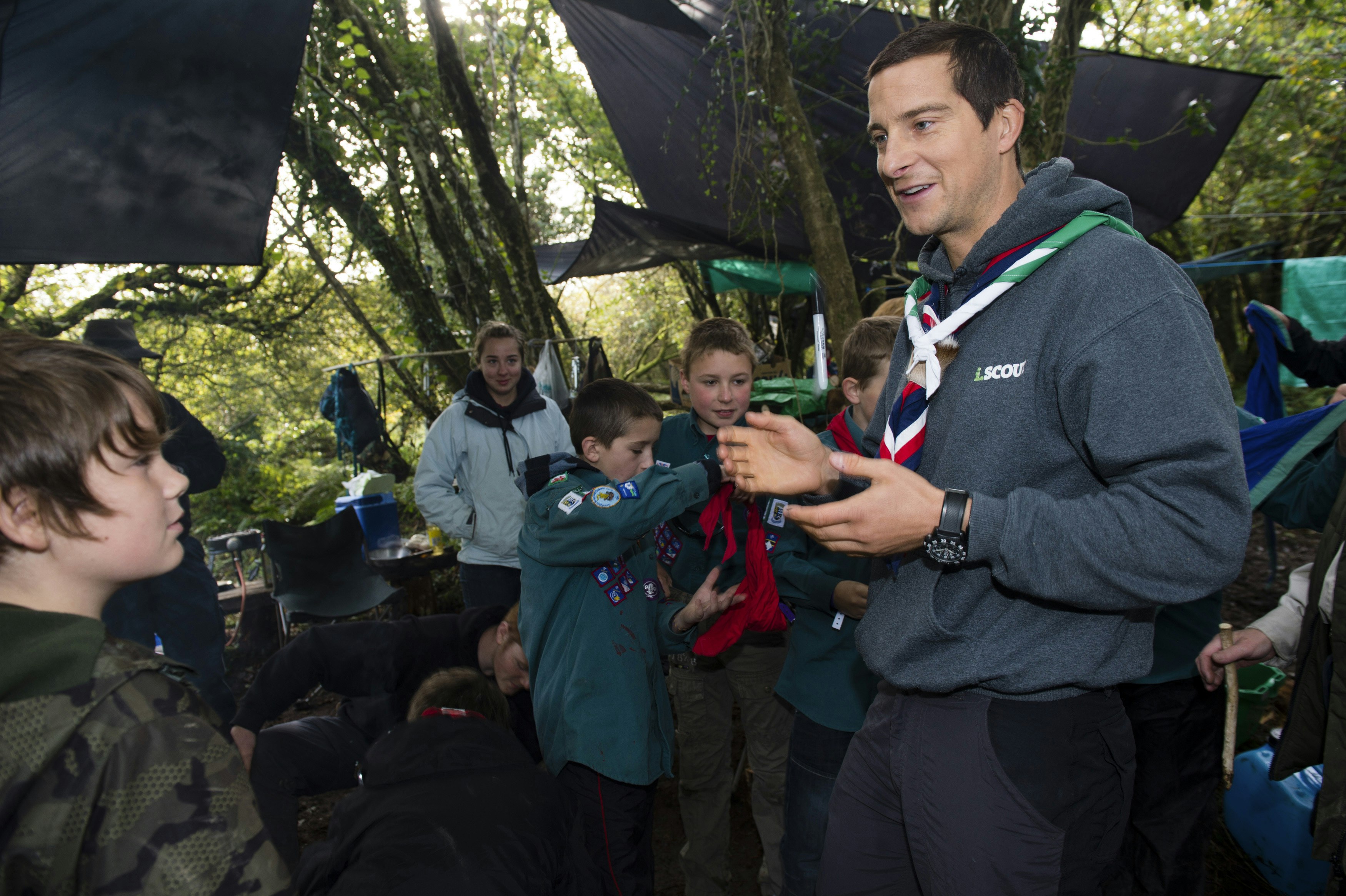 Bear Grylls meeting a group of scouts