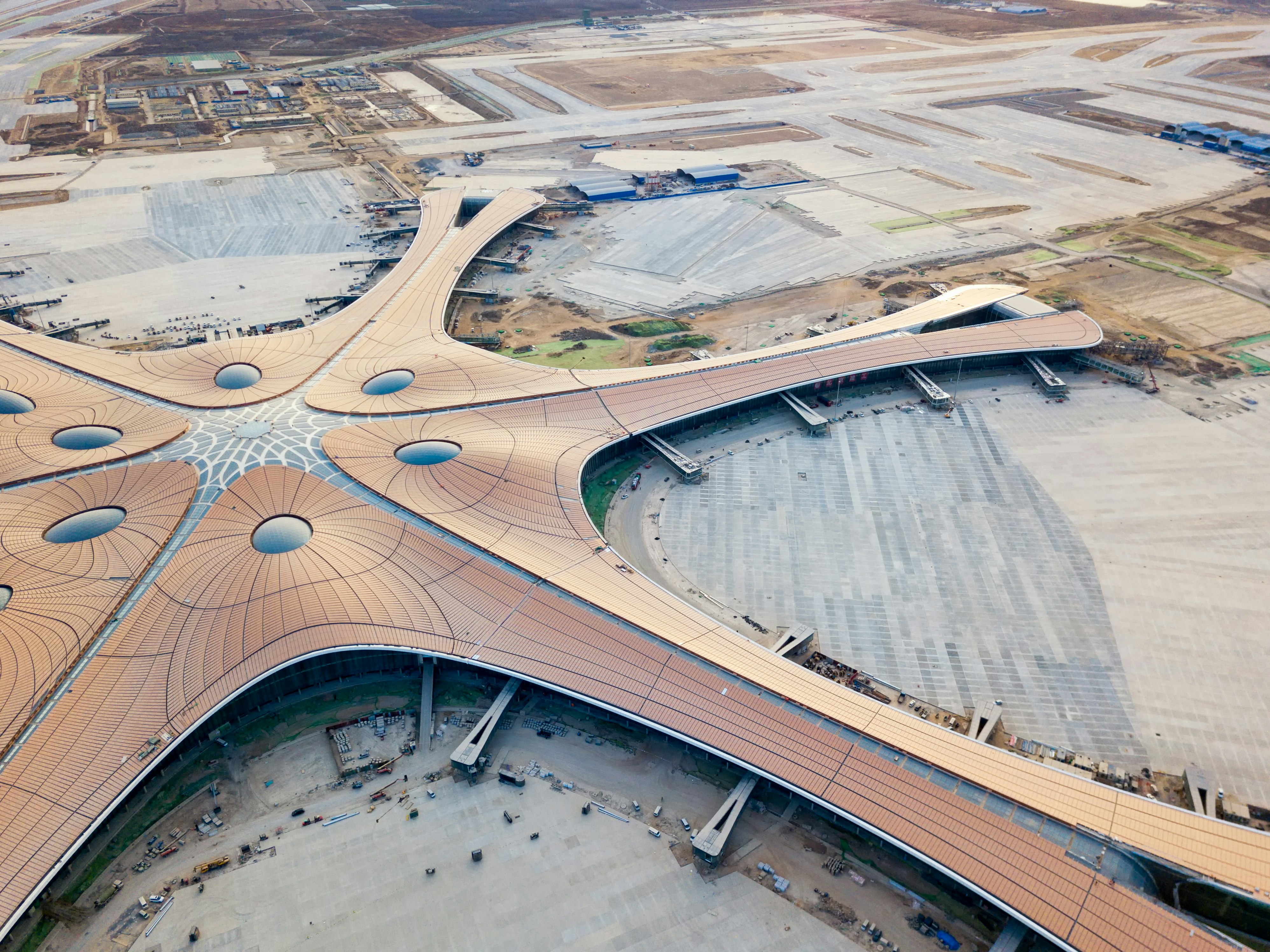 The terminal of Beijing Daxing International Airport is under construction.