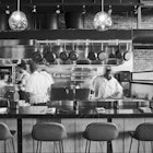 black and white shot of the open kitchen at Benne on Eagle 