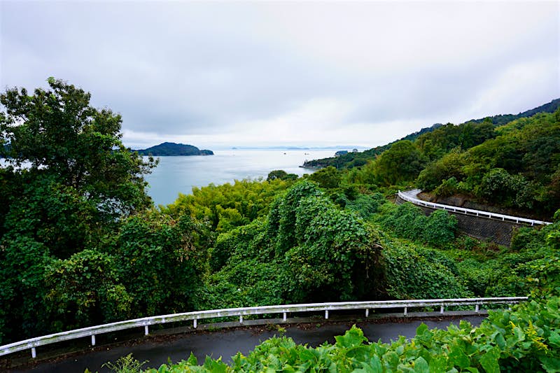Tobashima-Kaido-bike-path.jpeg Lush, bright green and variegated trees and vines coat the hillsides around the Tobashima Kaido. The ribbon of black roads and white guardrails twisting and turning with a silvery Seto Inland Sea and blue mountain islands in the left background of the shot.