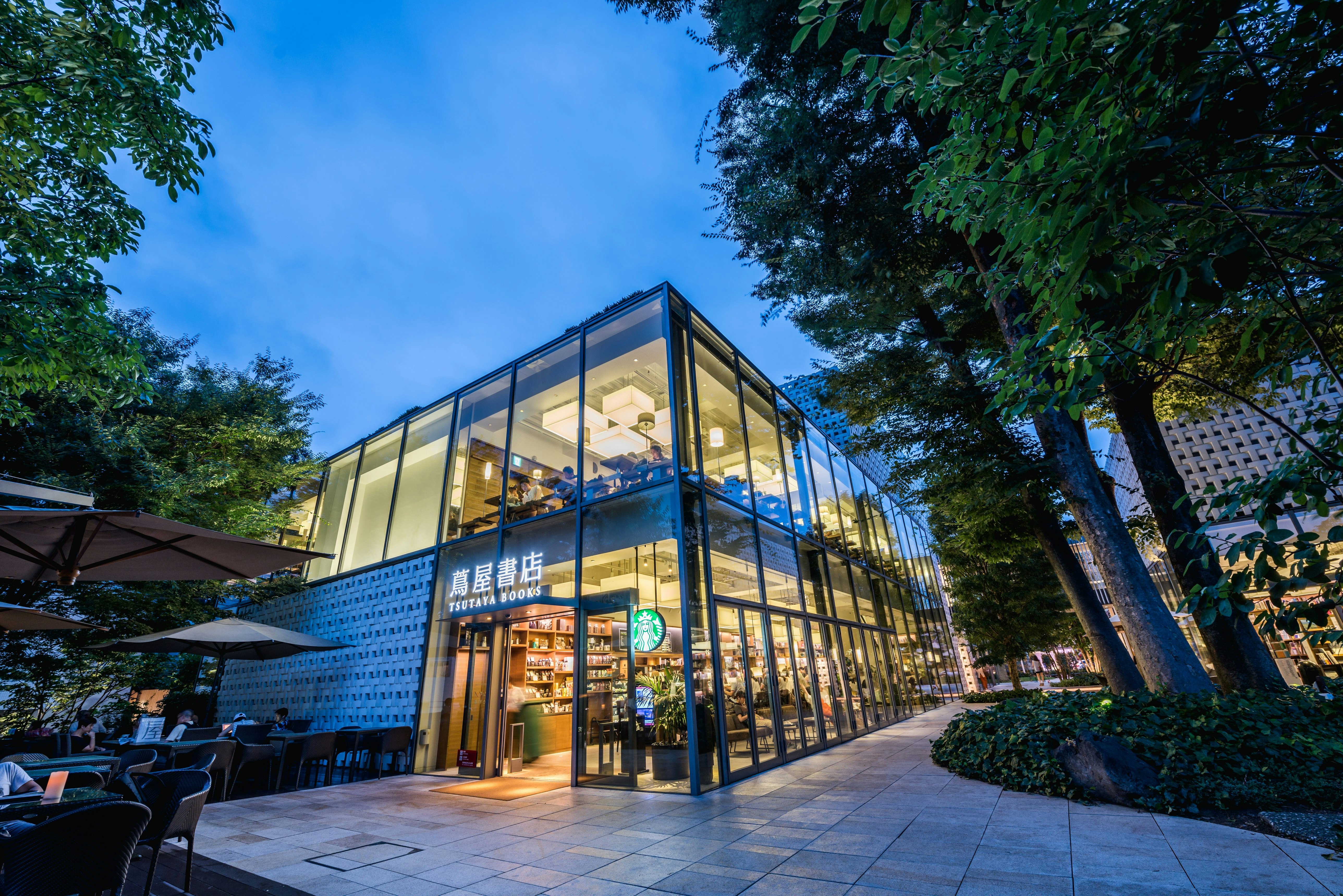 A modern, glass-walled bookstore in Daikanyama, Tokyo.