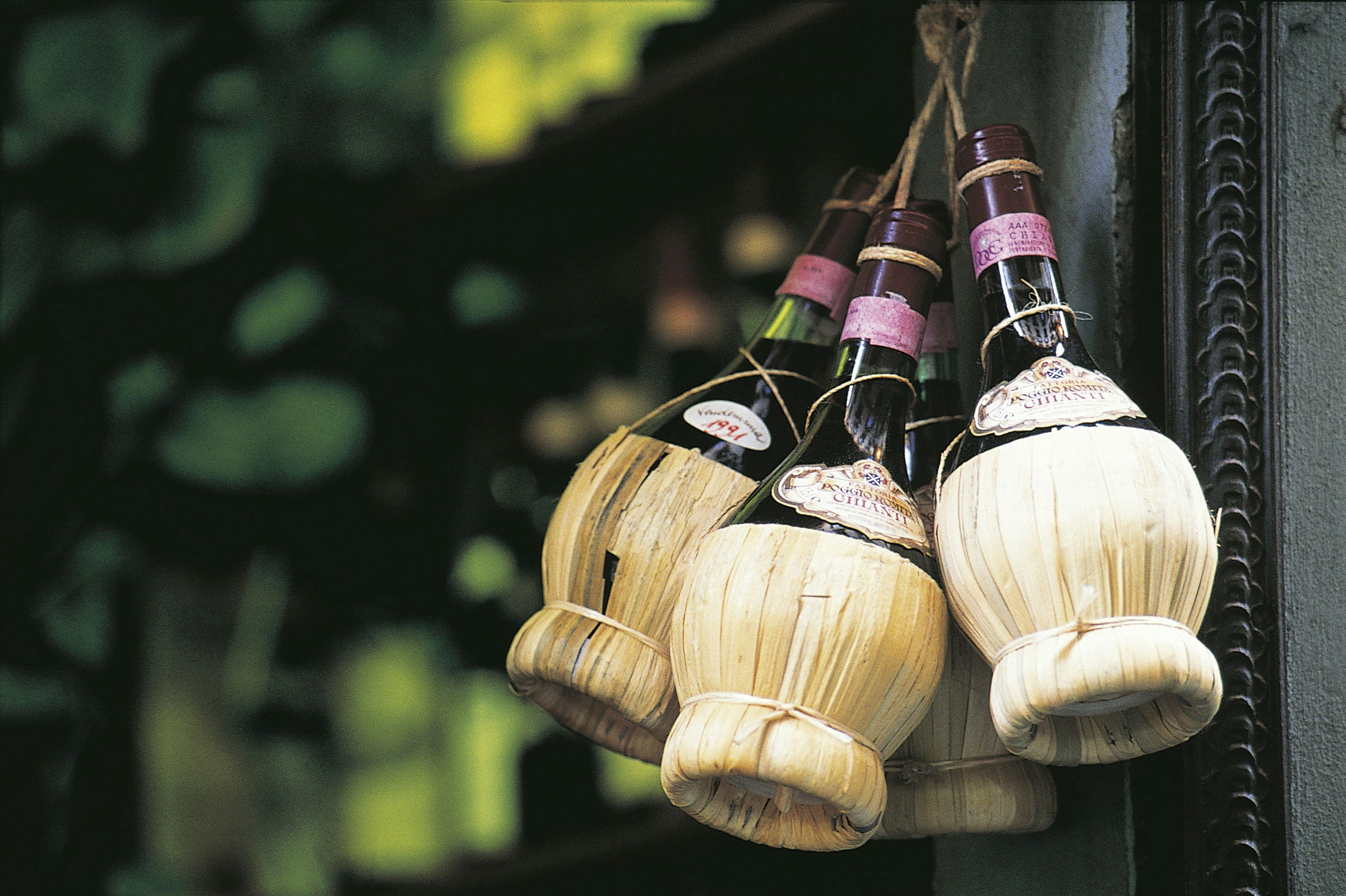 Bottles of Chianti wine in Italy