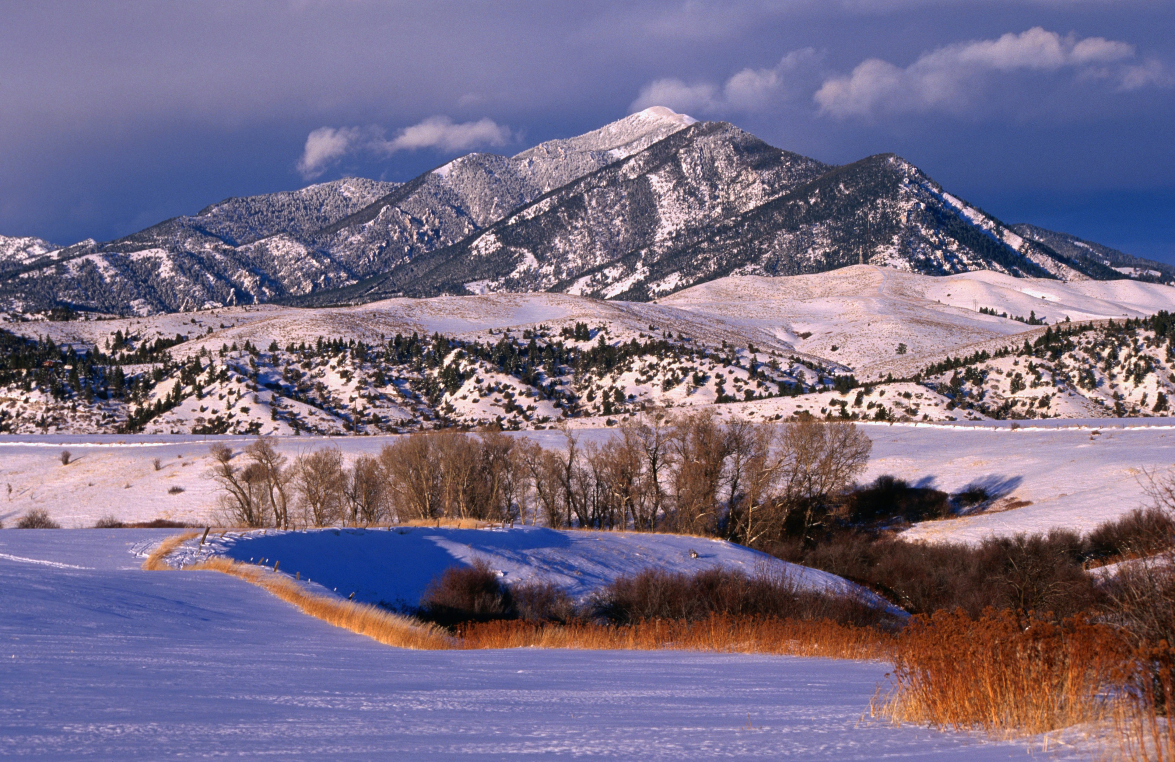 A purple mountain majesty covered in snow