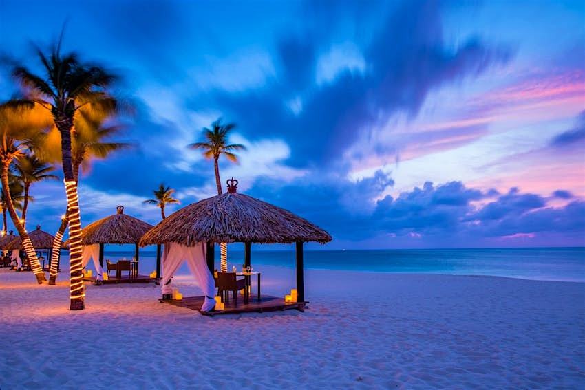 Bucuti & Tara 2.jpg A line of grass-thatched gazebos with a table and two chairs inside face the sea during dusk. Behind are a row of palm trees intertwined with fairy lights; caribbean sea turtles