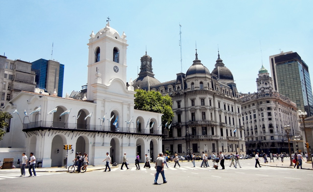 Exterior of the historic Cabildo building in Plaza de Mayo, Buenos Aires. 