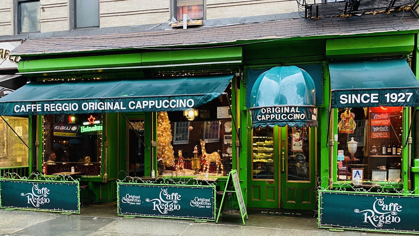 The exterior of Caffe Reggio in Greenwich Village, NYC