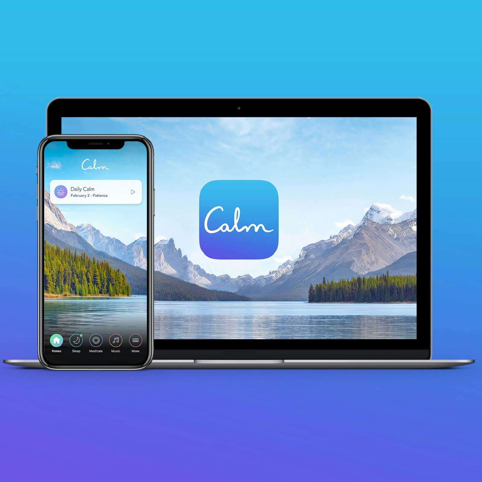 A laptop and smart phone sit facing the camera, both have a lake and mountain scene on them, with the app's title Calm across the middle.
