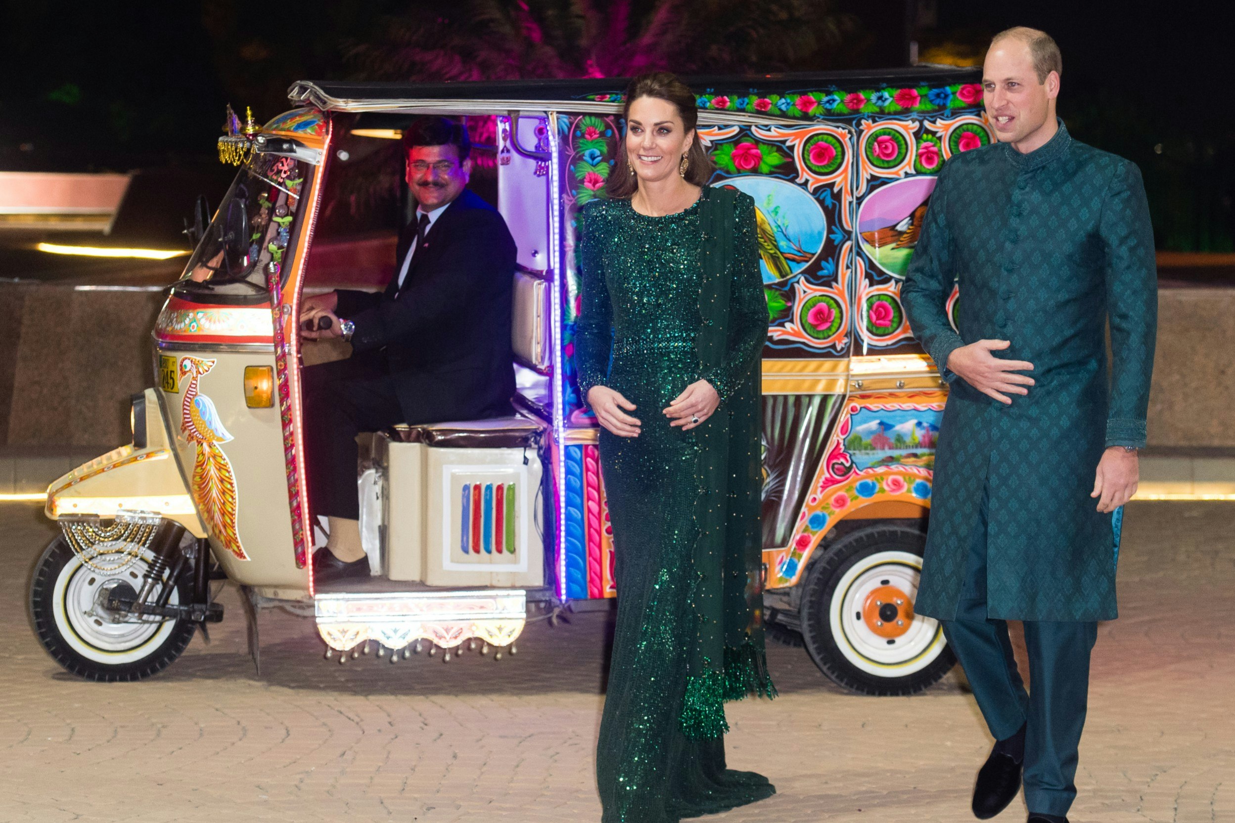 The Cambridges arriving by tuk tuk to a reception in Pakistan