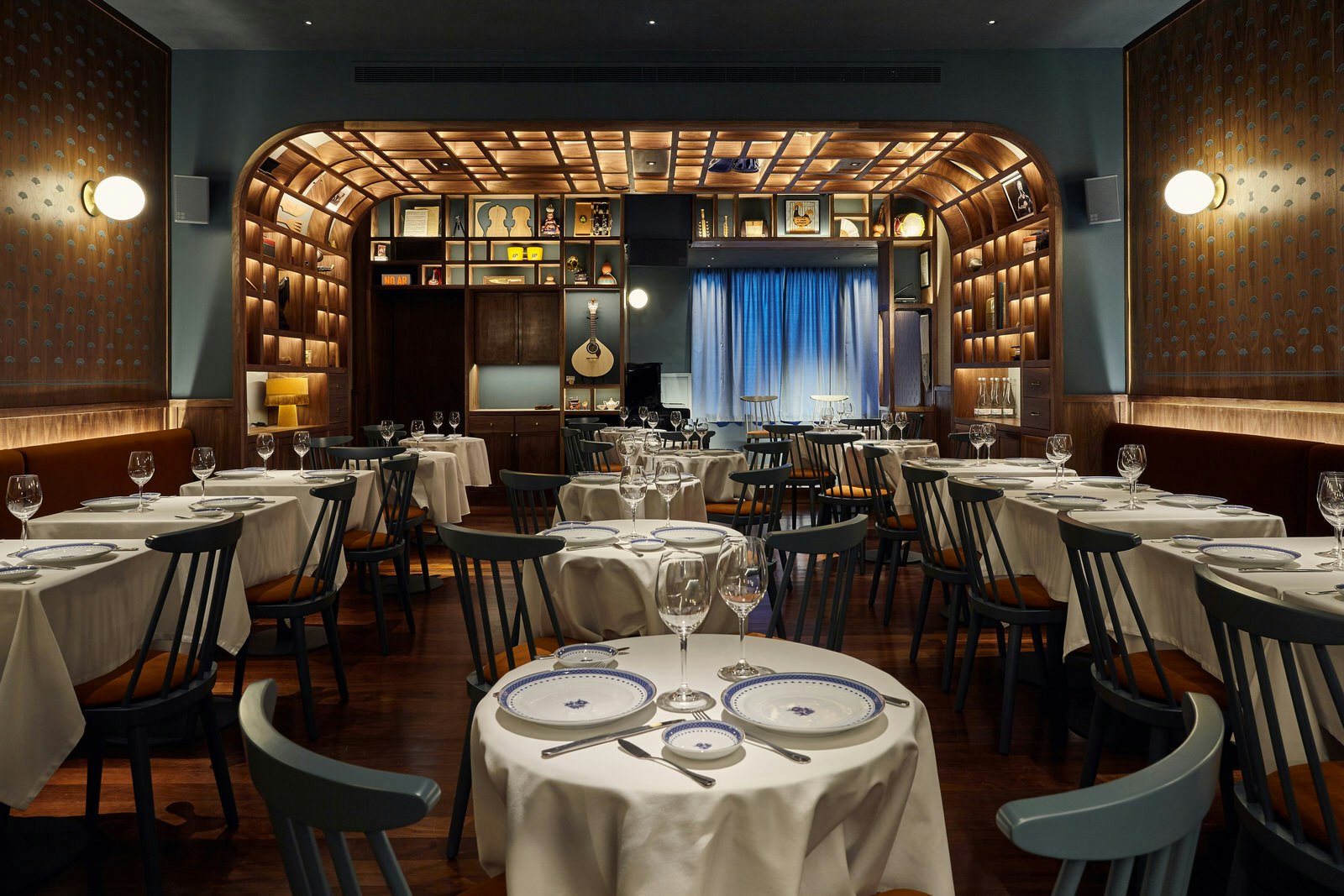 The low-lit interior of high-end Canto restaurant, Lisbon