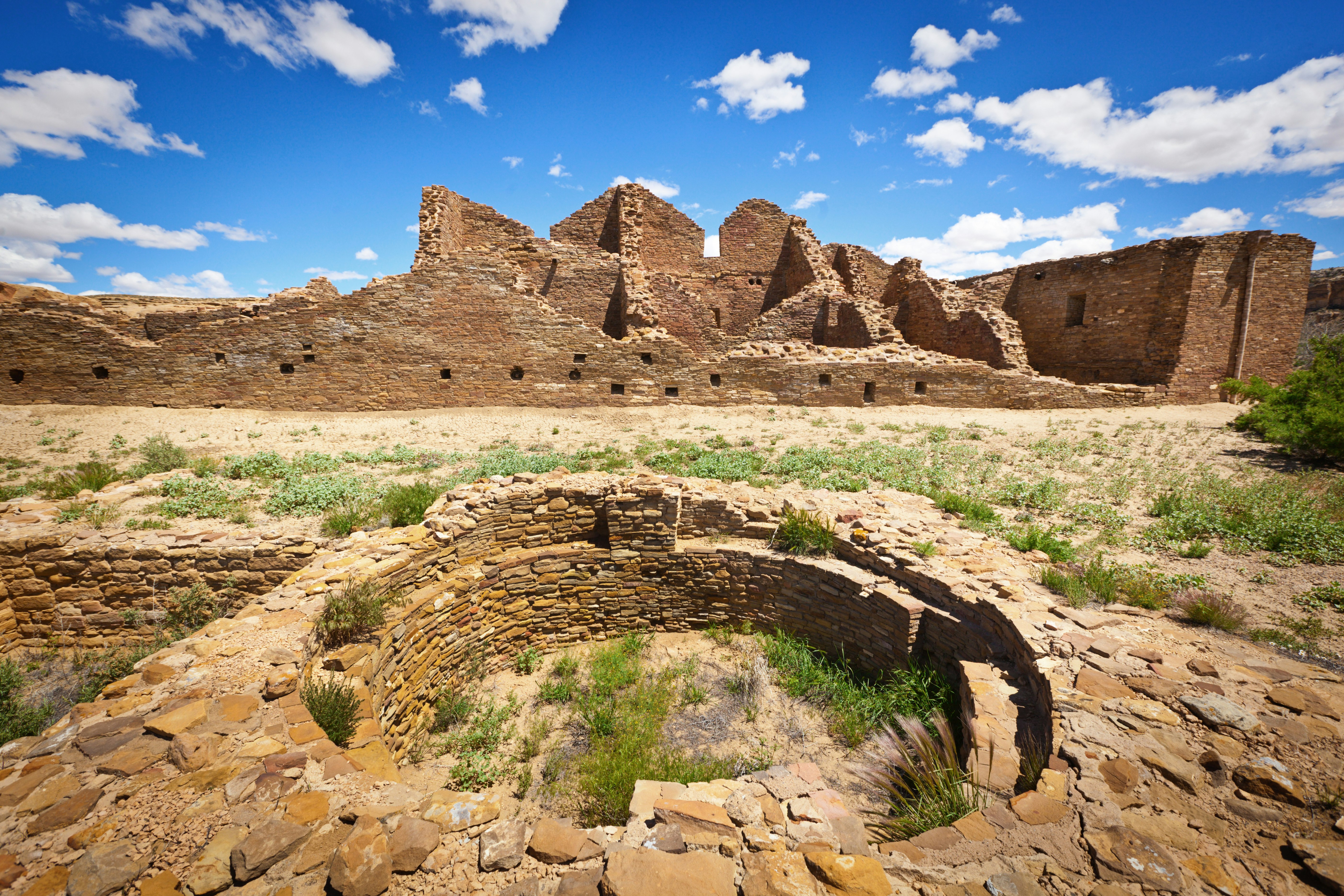 Stone ruins of homes, food storages and villages at Casa Rinconada in Chaco Canyon National Park