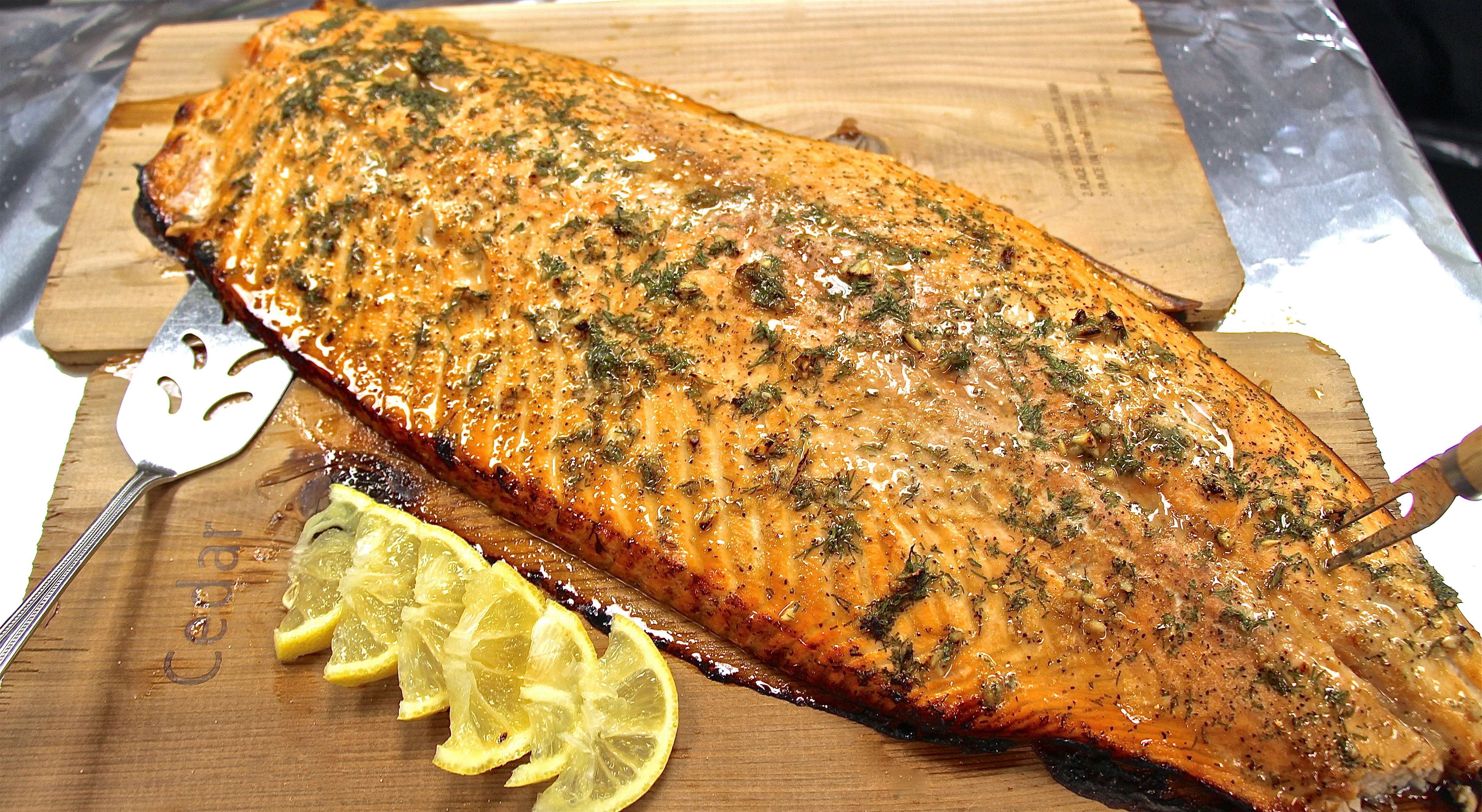 Closeup of cedar plank salmon at Feast Cafe Bistro