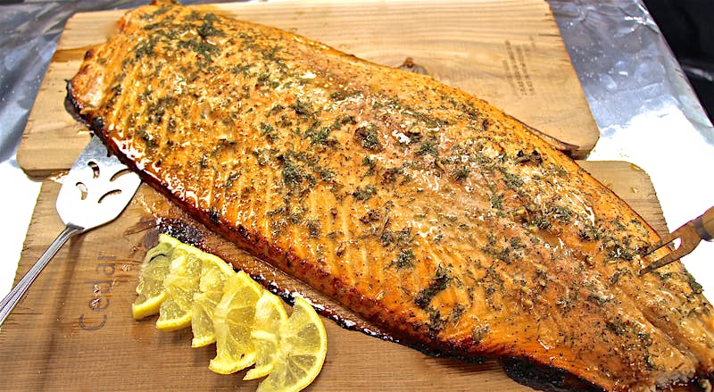 Closeup of cedar plank salmon at Feast Cafe Bistro