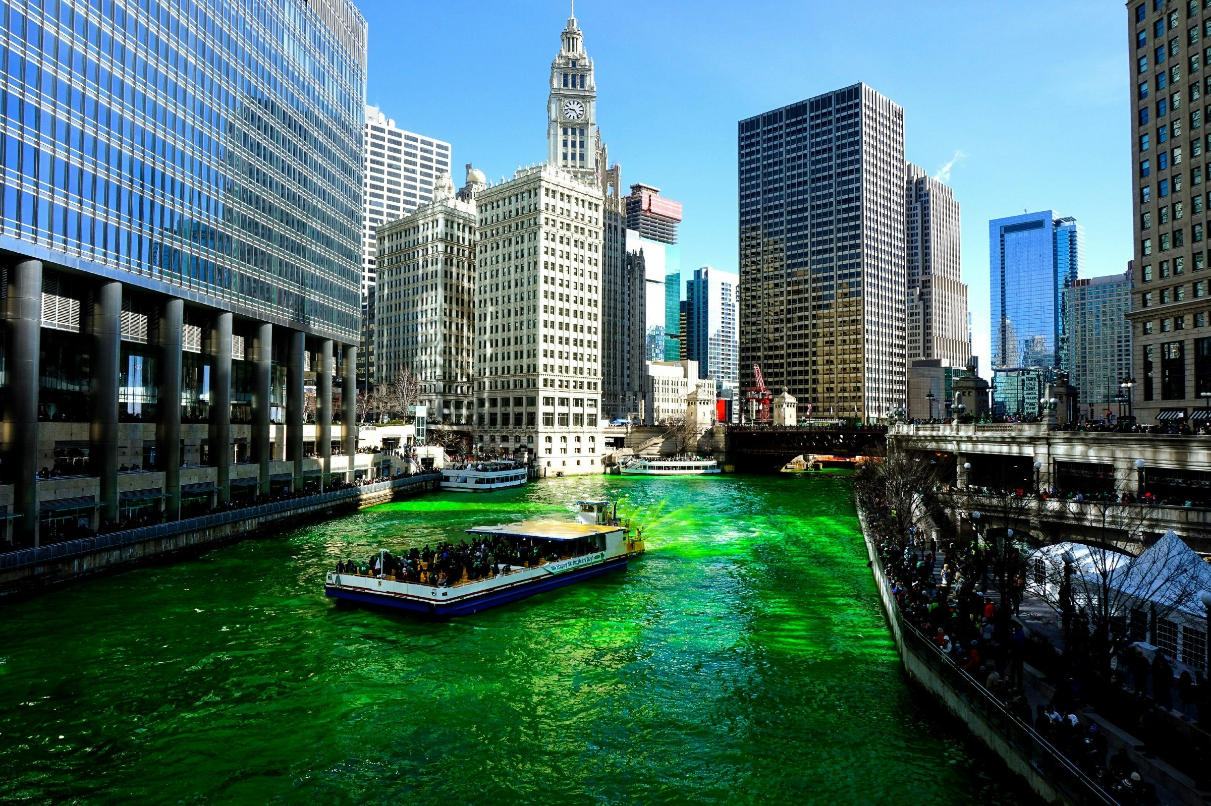 The Chicago River dyed green on St Patrick's Day