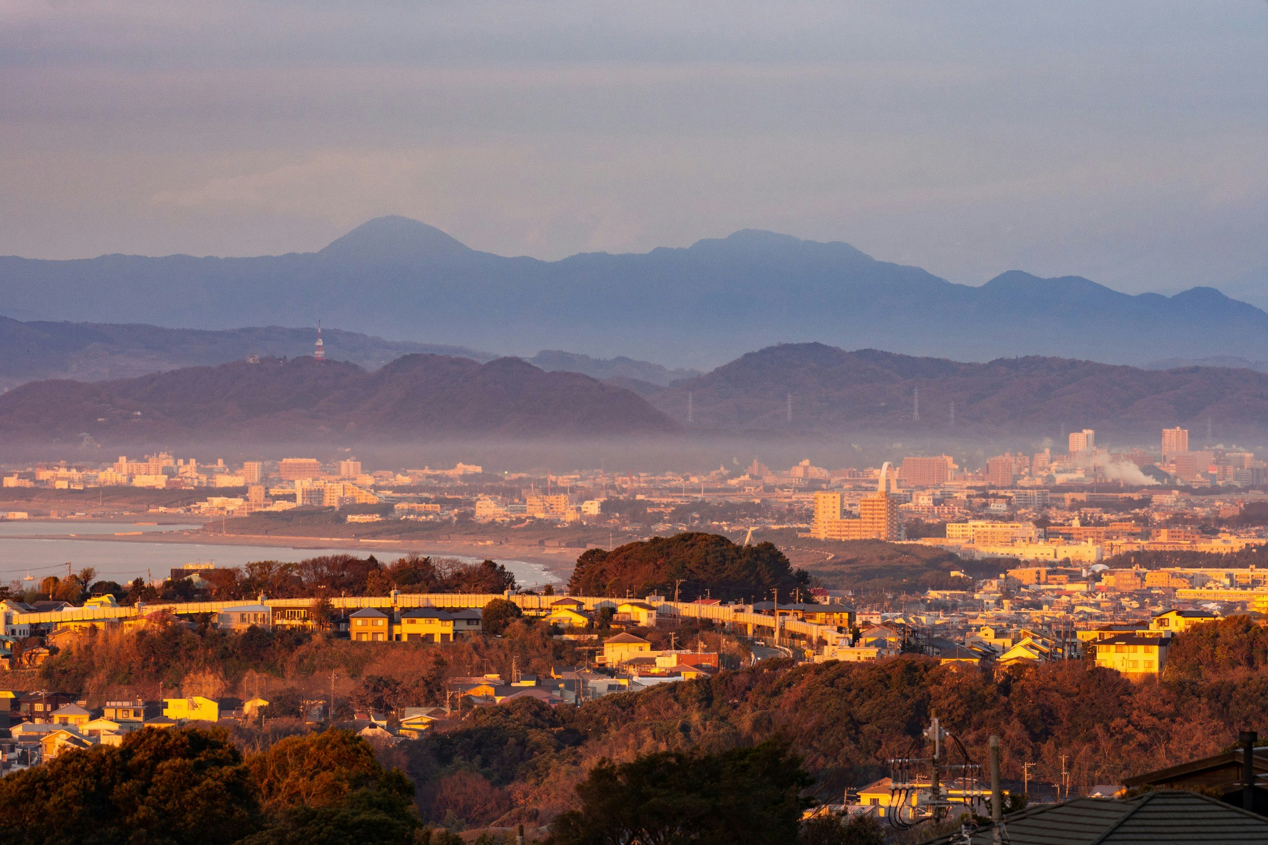 Red-colored Kamakura, Chigasaki and Hiratsuka cities by rising sun in Kanagawa prefecture