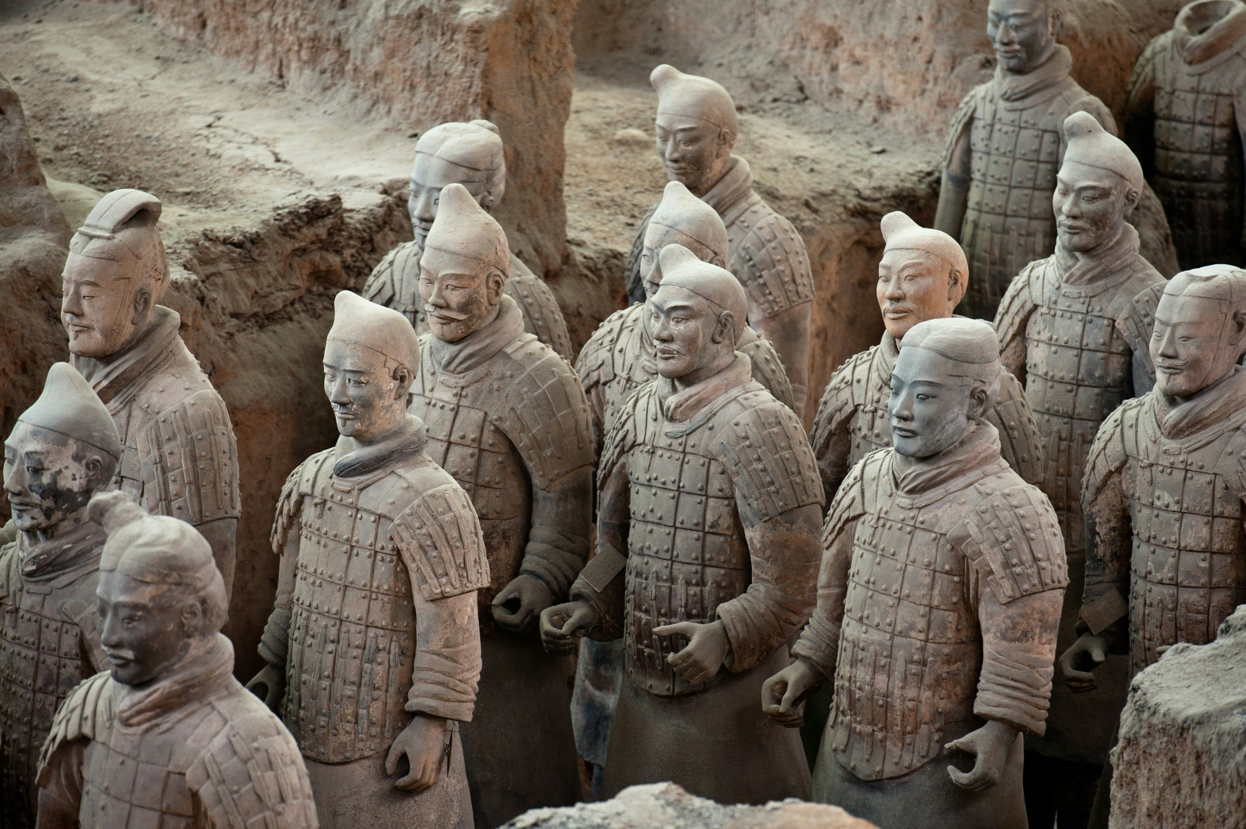A section of over 8000 Terracotta Warriors in the mausoleum of the first Qin emperor outside Xian, China.