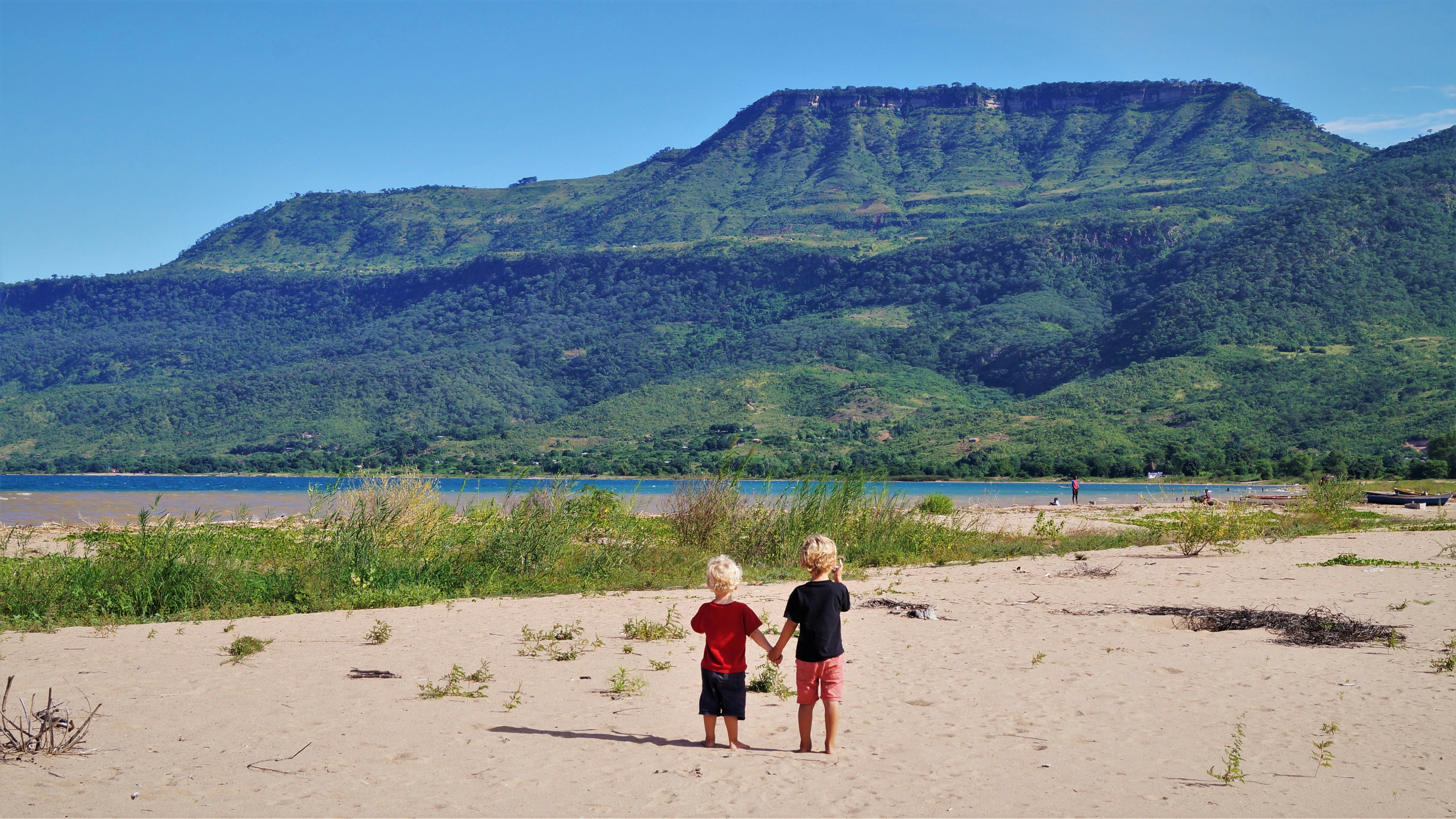 Two small boys holding hands look on at a lush, green hill. A body of water is in front of the hill and the sky is blue.