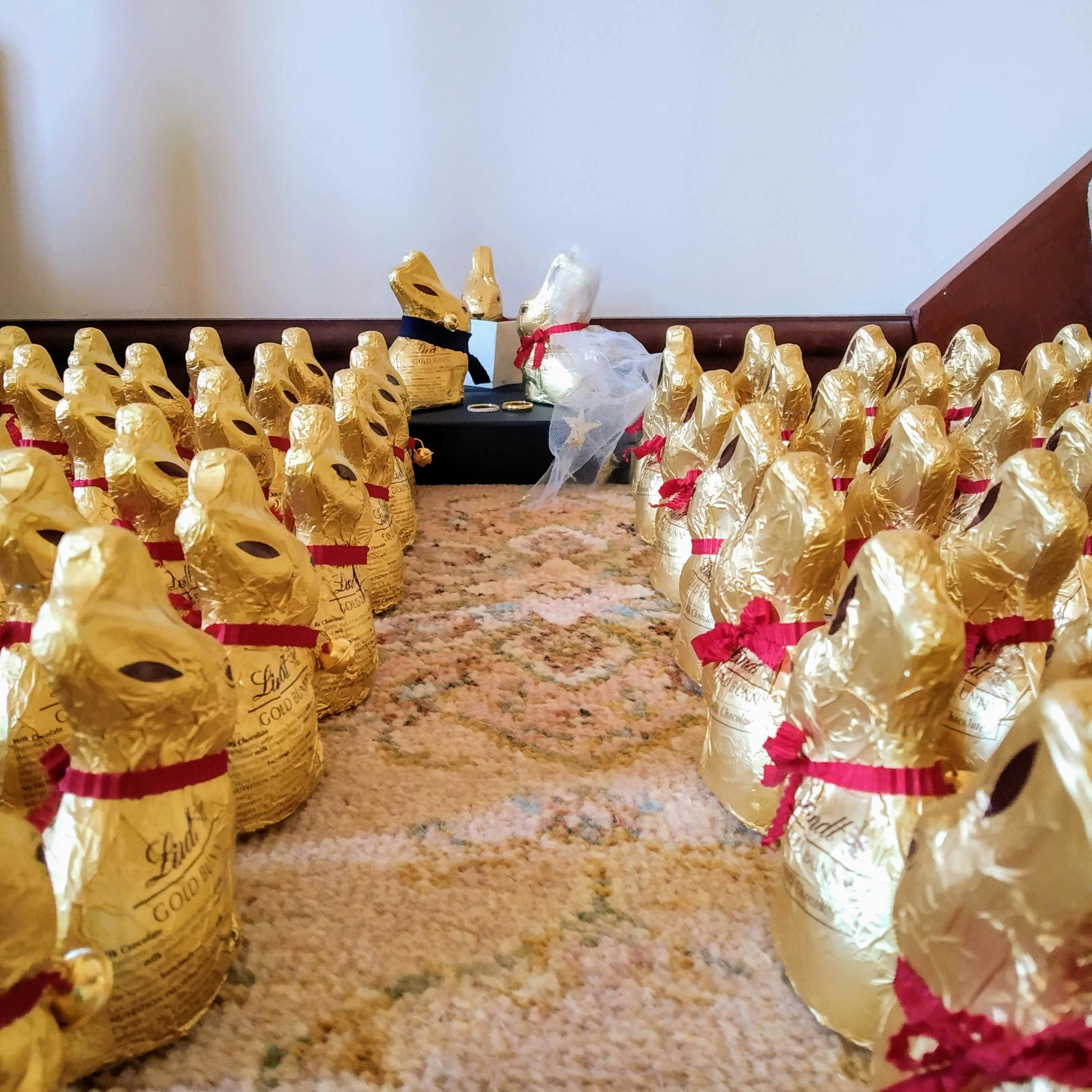 Over 100 chocolate bunnies lined up as if they are attending a wedding.