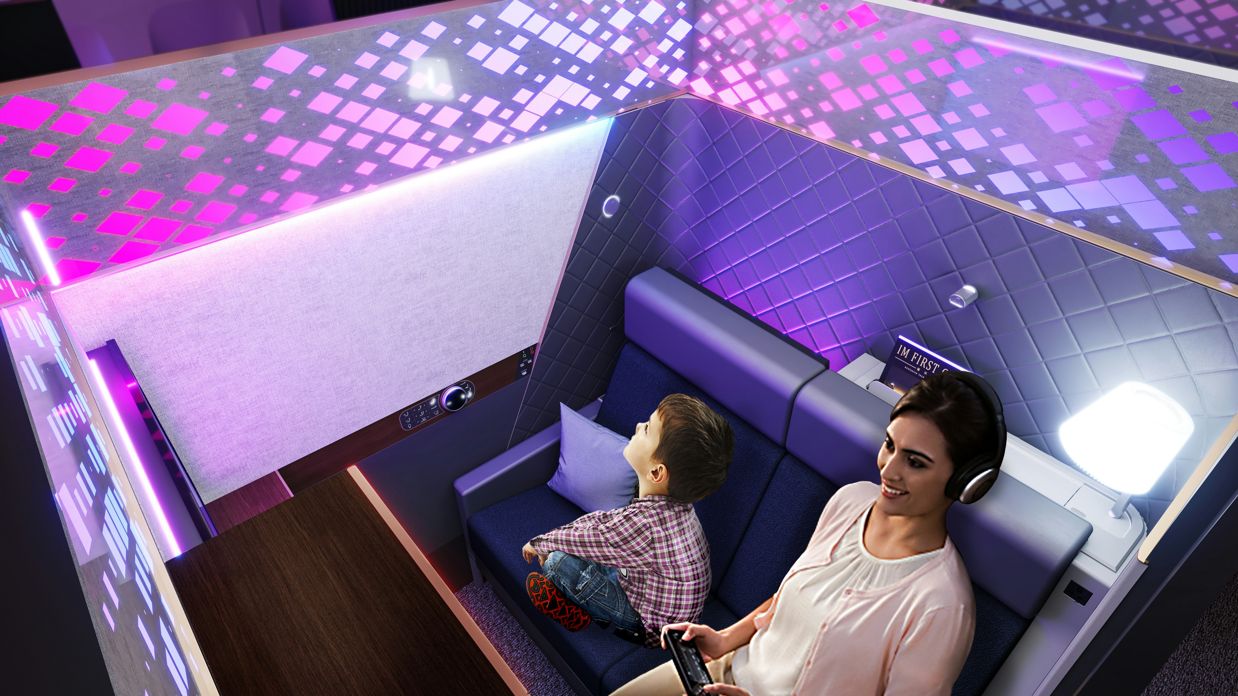 A young boy and a woman in an airplane suite with purple and pink lighting