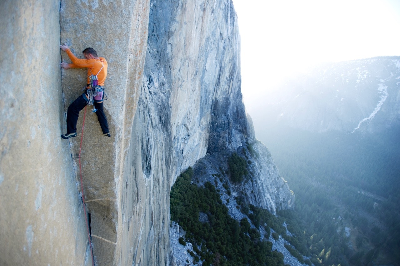 A man attempts a dihedral pitch on El Cap in Yosemite National Park, California.