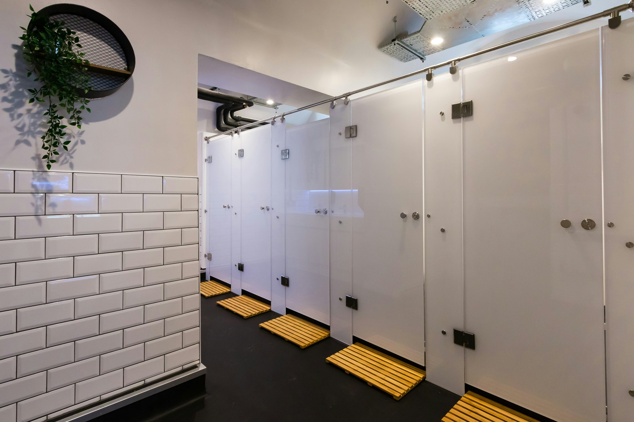Locker room-style shared bathroom