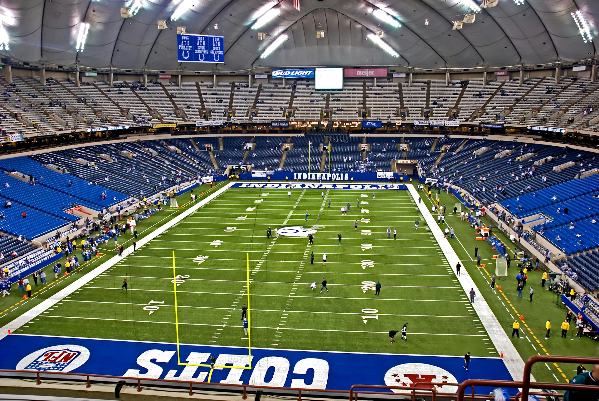 Aerial view of the inside of a sparsely populated Lucas Oil Stadium, home of the Indianapolis Colts; nfl cities travel