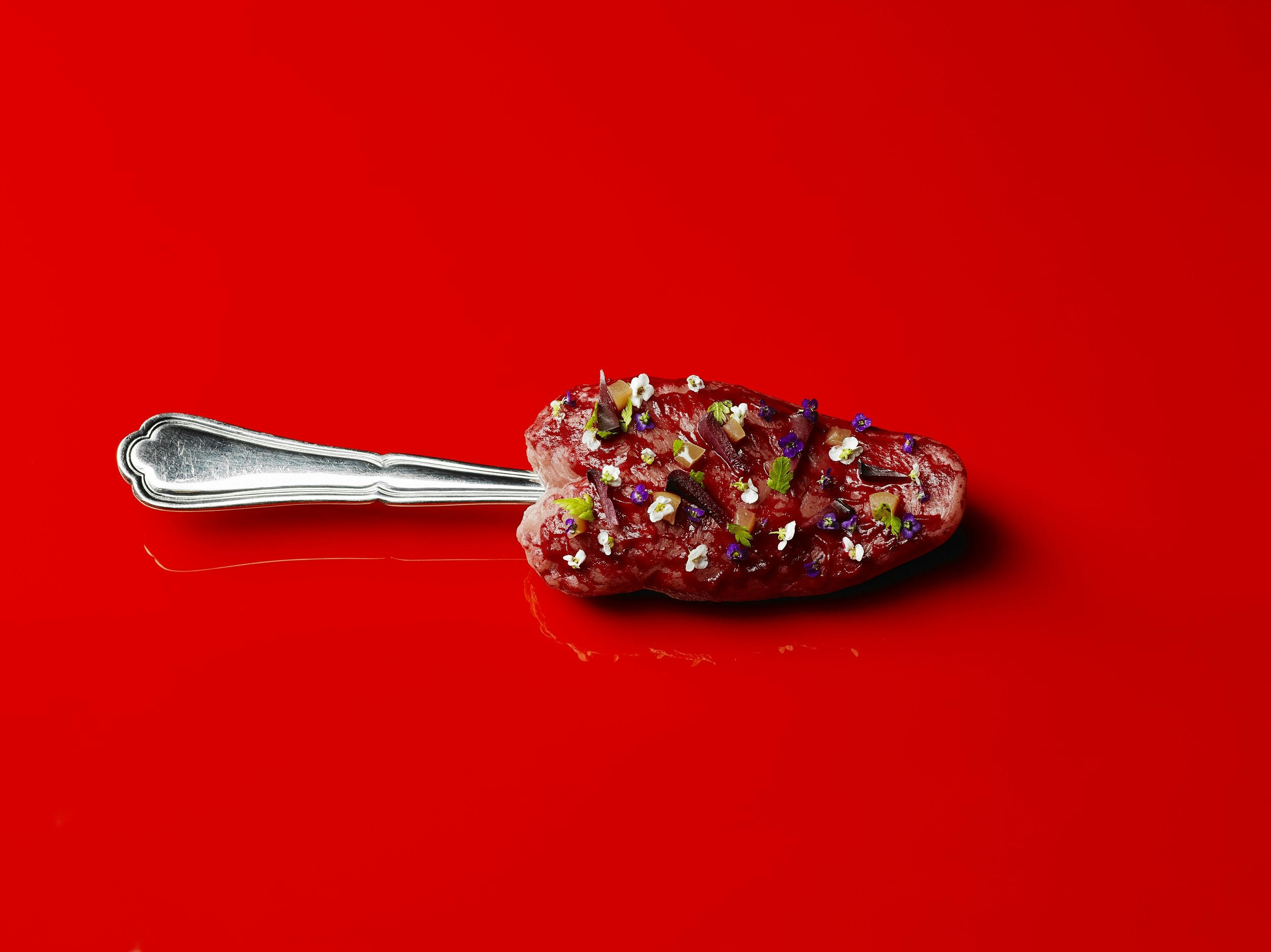 A spoon sits on a bright red background; the handle protrudes from what looks like a tongue covered in small leaves and flowers. It resembles at ornate and beautiful popsicle.