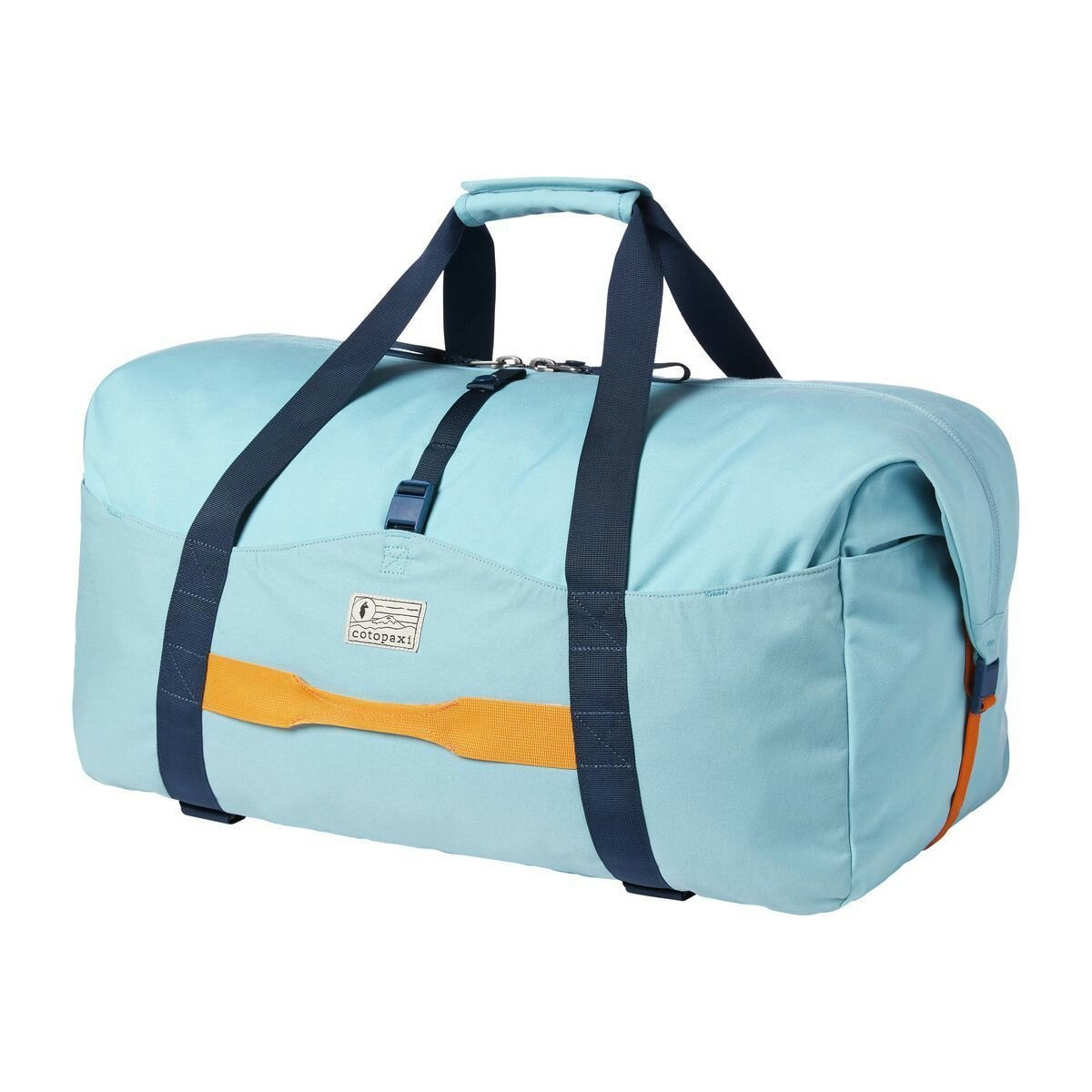 Cotopaxi's 50L Camello duffel, light blue with dark blue top handles and a yellow front handle, on a white background