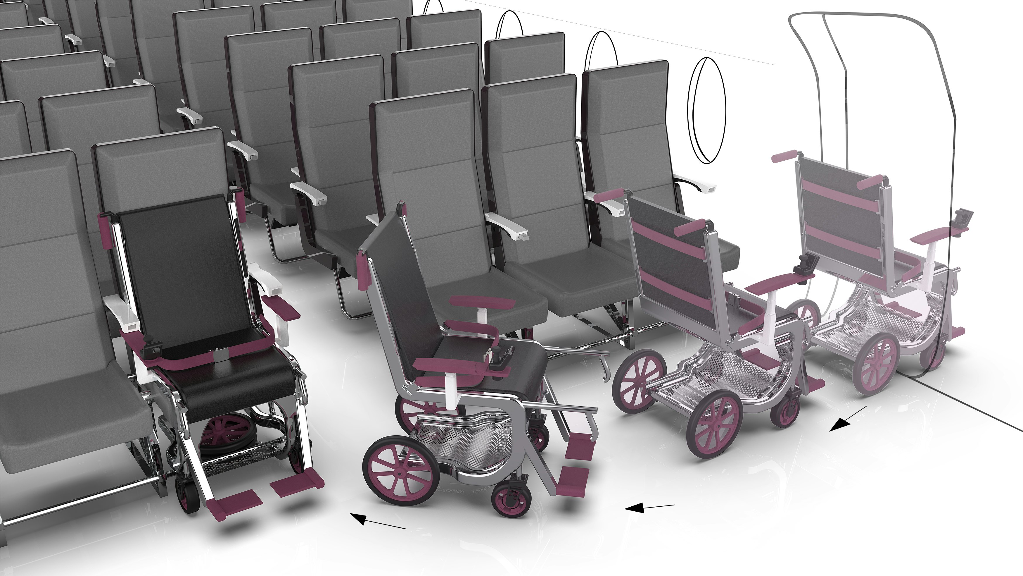 A diagram showing an aircraft cabin with a wheelchair in the row of seats, then in the aisle, then rolling out the door