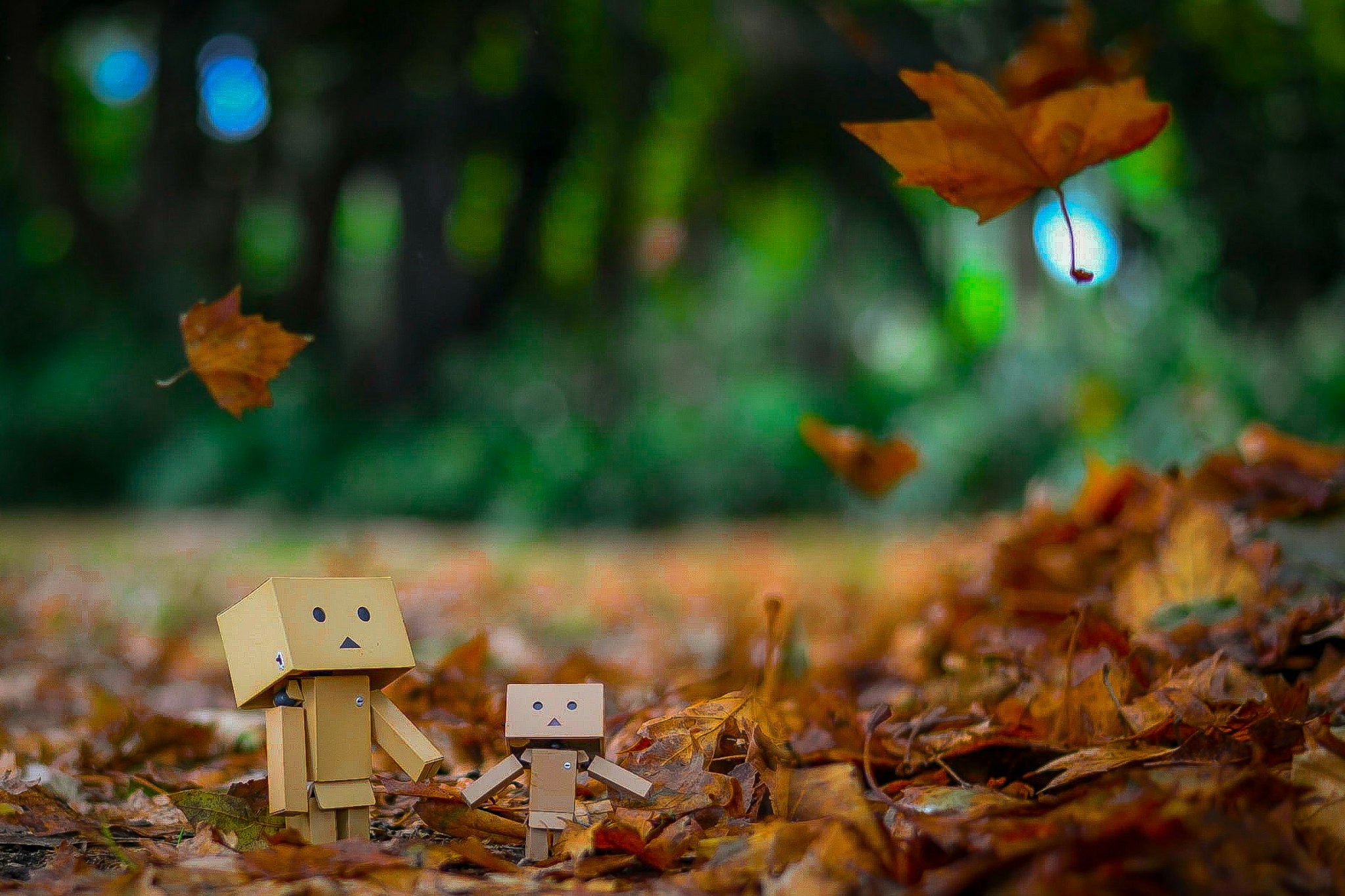 Two toy robots stand in a field surrounded by brown, autumnal leaves. The robots, made from a series of cubes, look towards the sky as leaves fall around them.